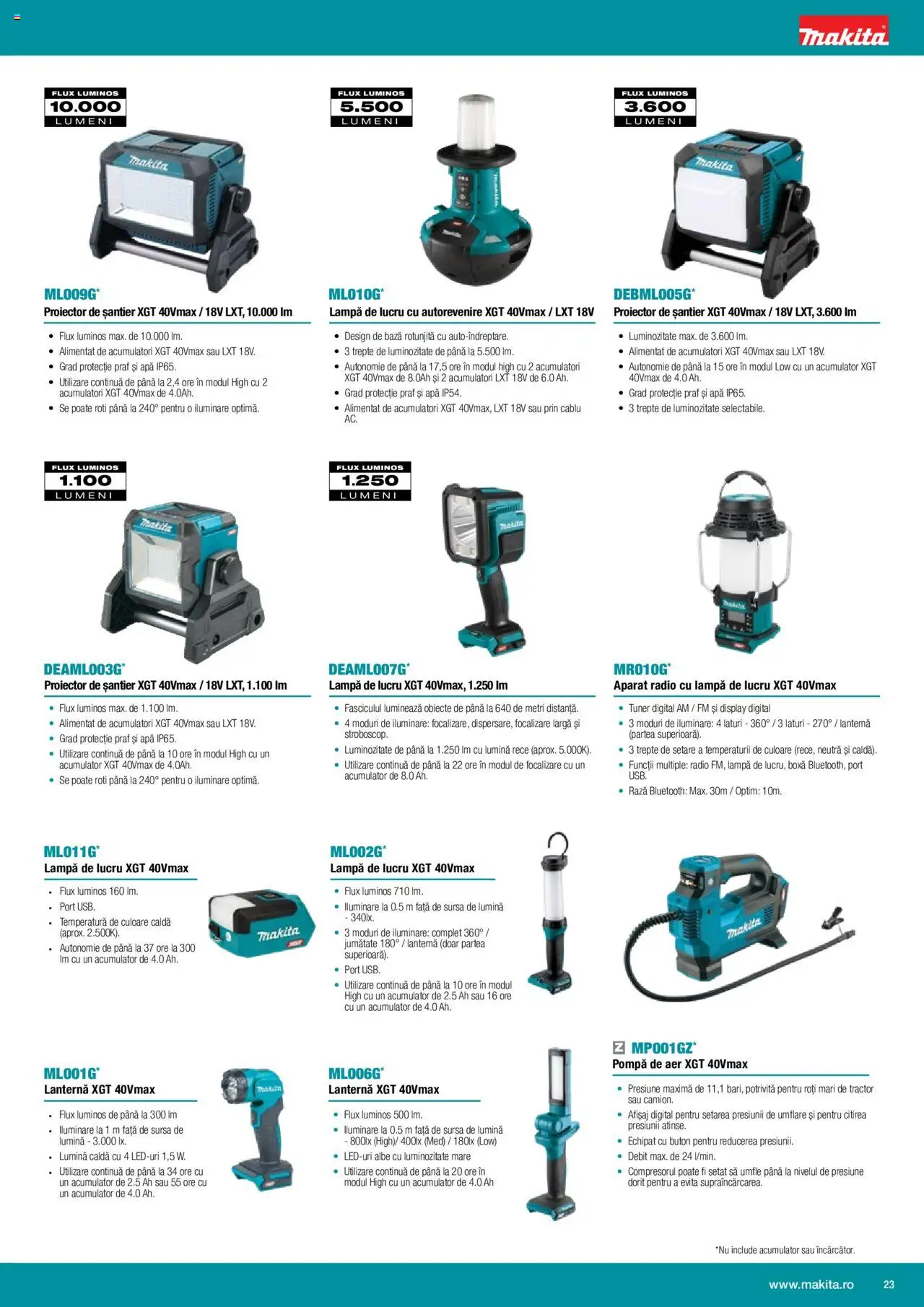 Makita catalog - Mașini cu acumulatori XGT 40Vmax / 80Vmax – valabil de la 01.02.2024 | Pagină: 23 | Produse: Radio, Cablu, Lampă, Apă