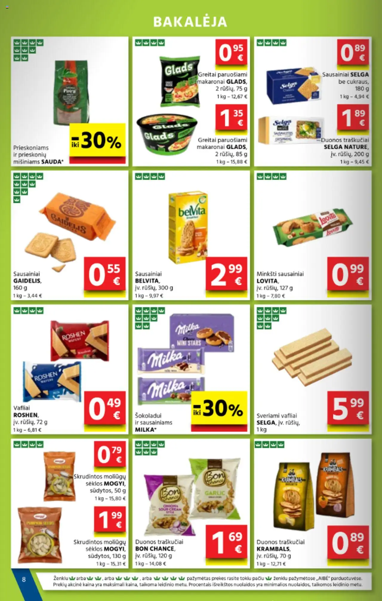 AIBE akcijos nuo 18.09.2025 | Puslapis: 8 | Prekių: Sausainiai, Sėklos, Vafliai, Makaronai