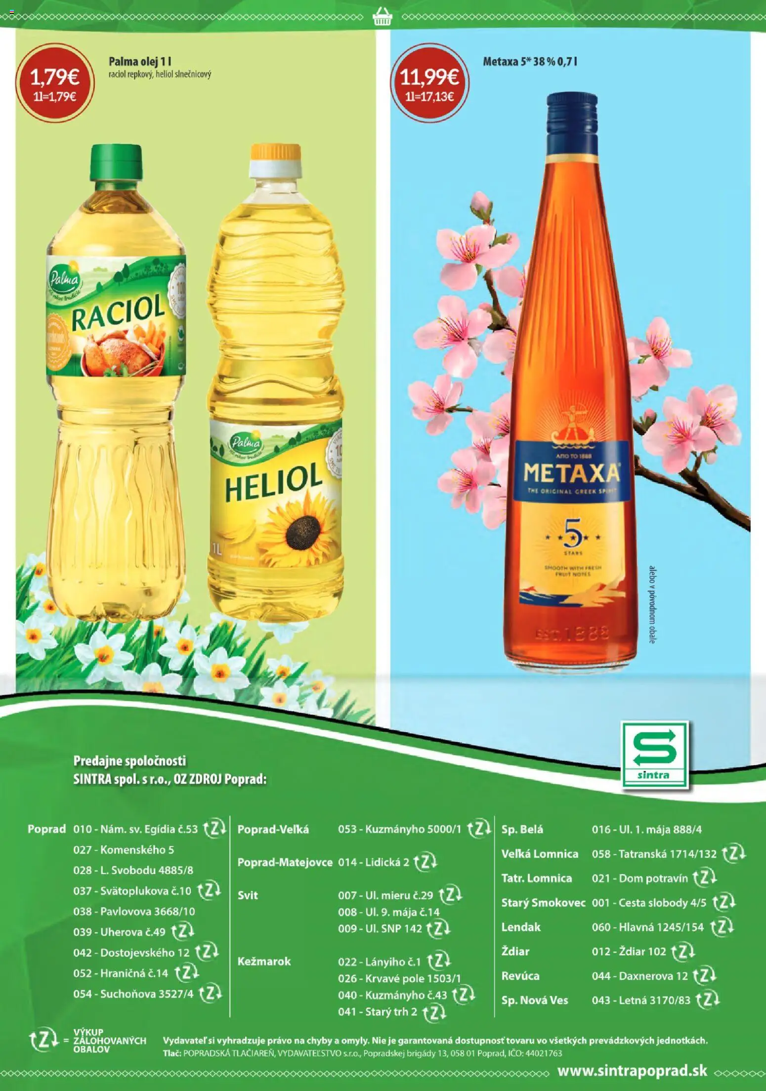 Nové Sintra akcie – leták je platný od 01.04.2026 | Strana: 24 | Produkty: Olej, Metaxa