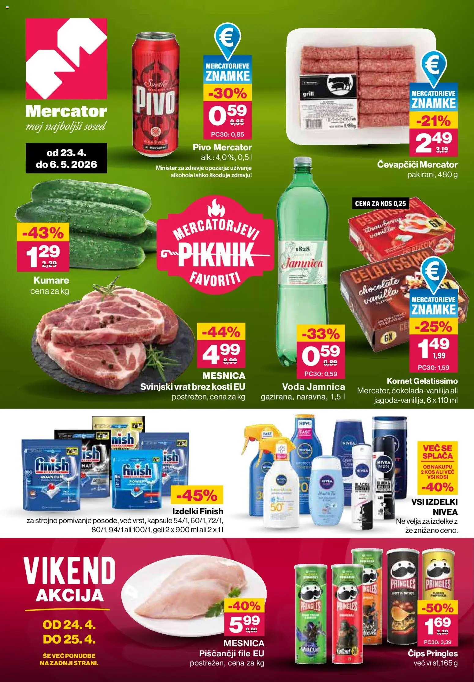 Novi Mercator katalog ponudbe – veljaven od 23.04.2026 | Stran: 1 | Izdelki: Kos, Pivo, Cips, Voda