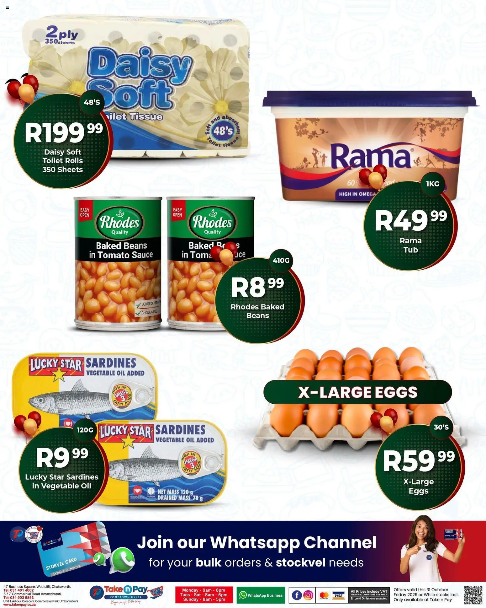 New Take n Pay catalogue – valid from 31.10.2025 | Page: 2 | Products: Baked beans, Eggs, Oil, Sauce
