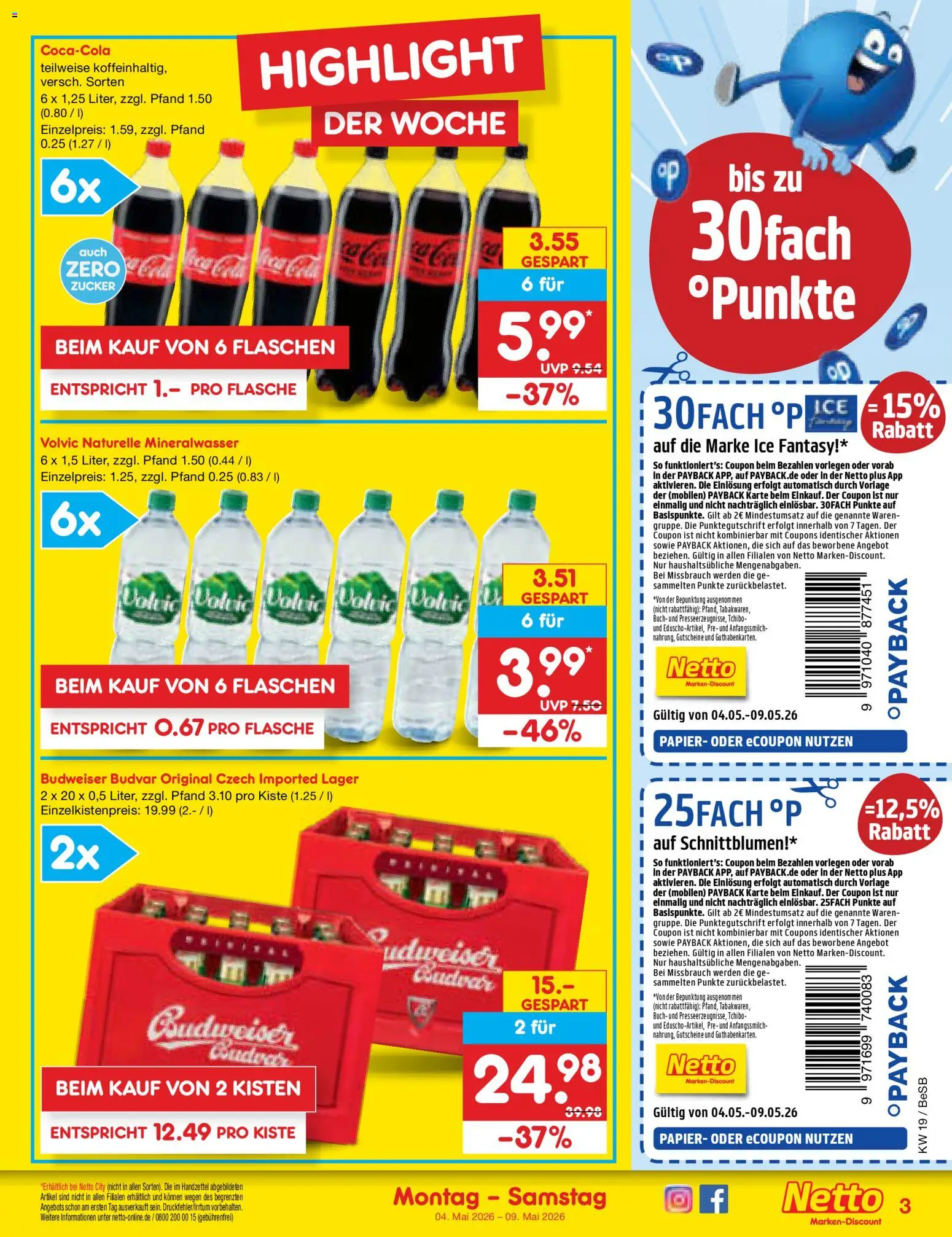 Netto Marken-Discount Prospekt 	 – gültig ab 04.05.2026 | Seite: 3 | Produkte: Mineralwasser, Zucker, Budweiser, Volvic