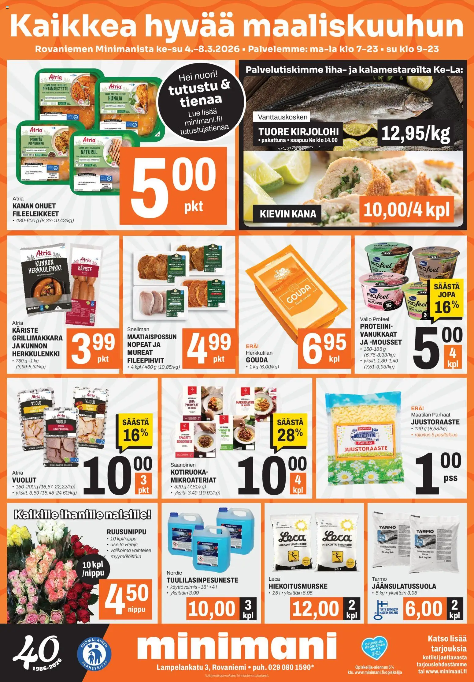 Minimani Tarjoukset - Rovaniemi – voimassa 04.03.2026 alkaen | Sivu: 1 | Tuotteet: Kirjolohi, Kana, Mousse, Grillimakkara