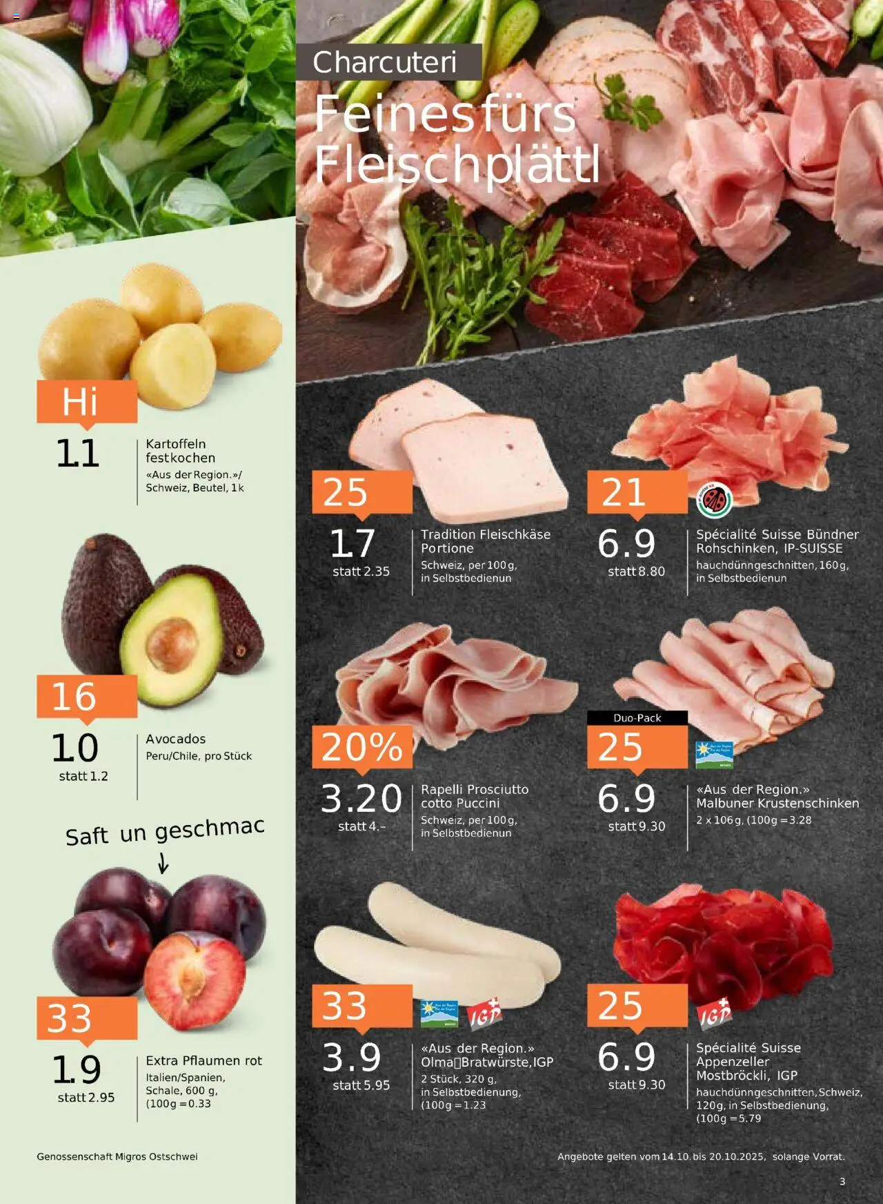 Migros Aktionen – gültig ab 14.10.2025 | Seite: 3 | Produkte: Saft, Kartoffeln