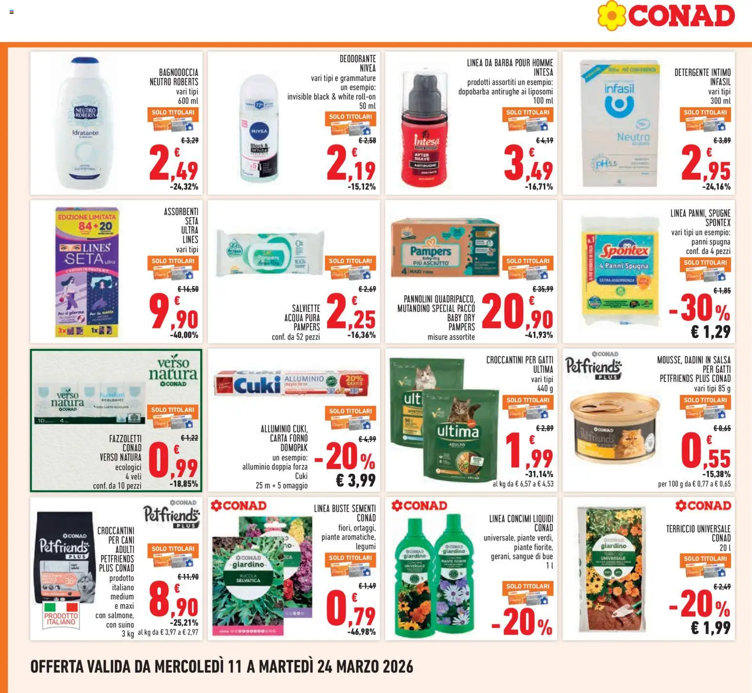 Volantino Conad del 11.03.2026 | Pagina: 24 | Prodotti: Pannolini, Deodorante, Fazzoletti, Carta forno