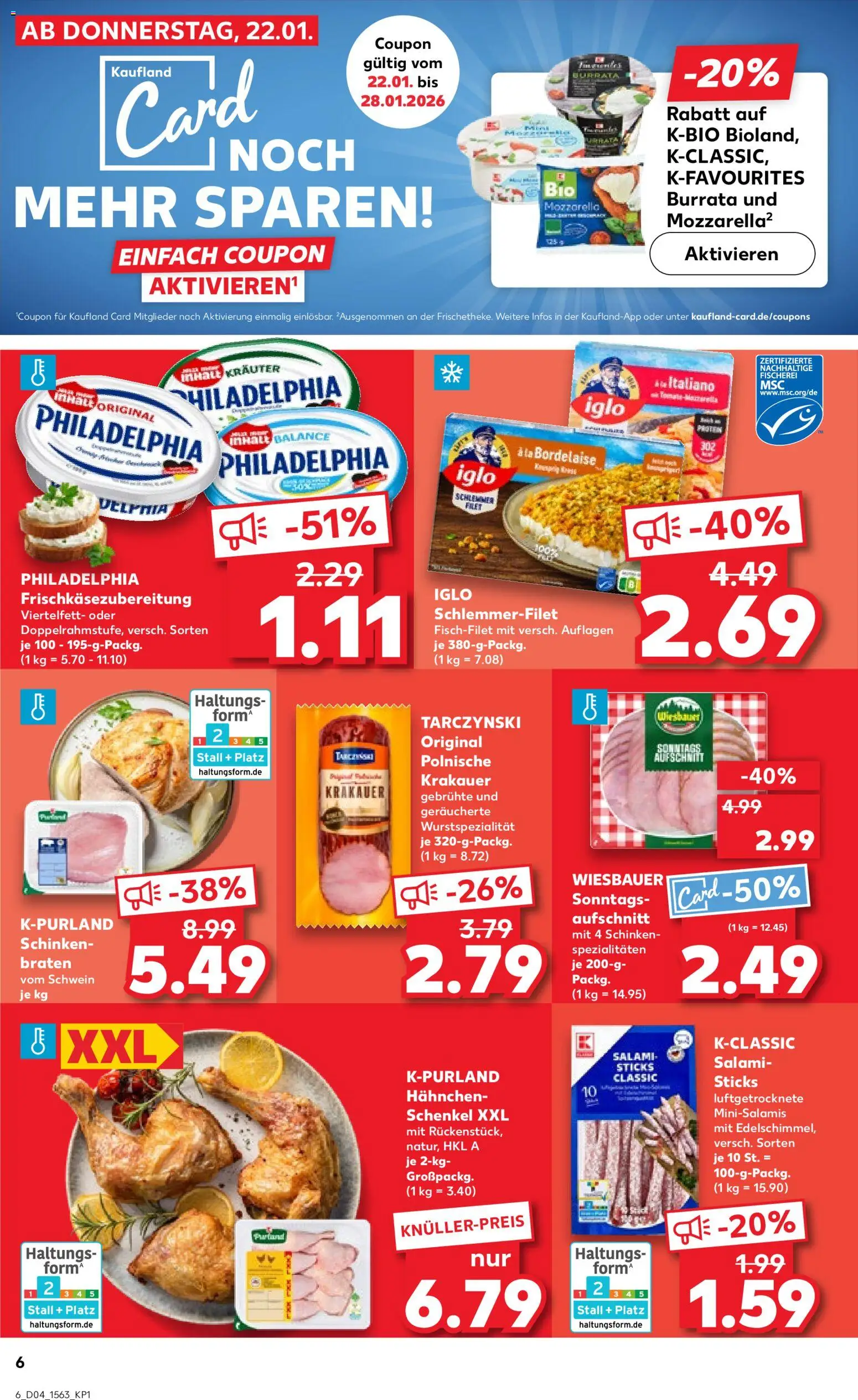 Kaufland prospekt Hamburg	 – gültig ab 22.01.2026 | Seite: 6 | Produkte: Philadelphia, Iglo, Salami, Schinken