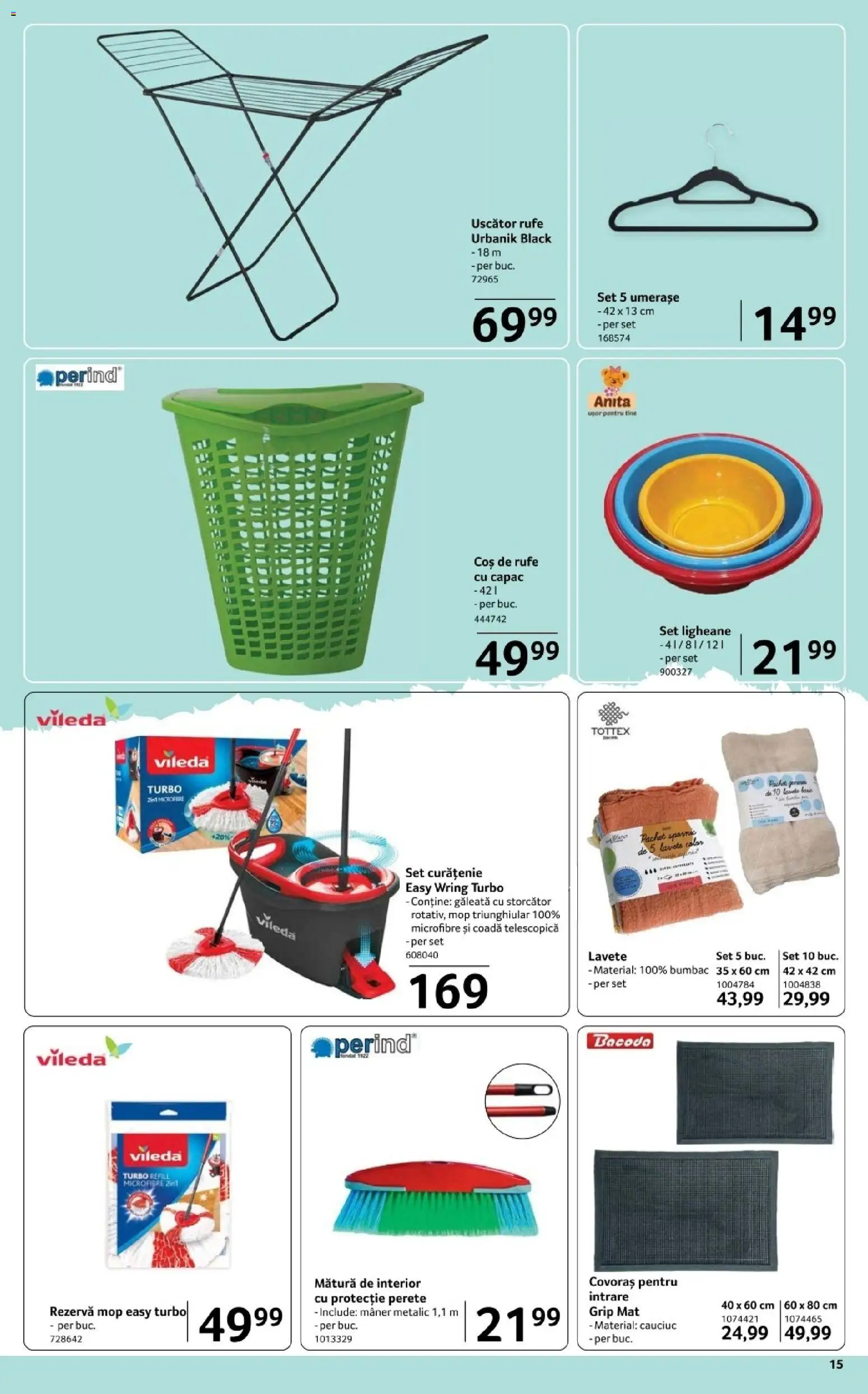 Noul catalog Selgros – valabil de la 20.02.2026 | Pagină: 15 | Produse: Mop, Coș, Uscător rufe, Lavete