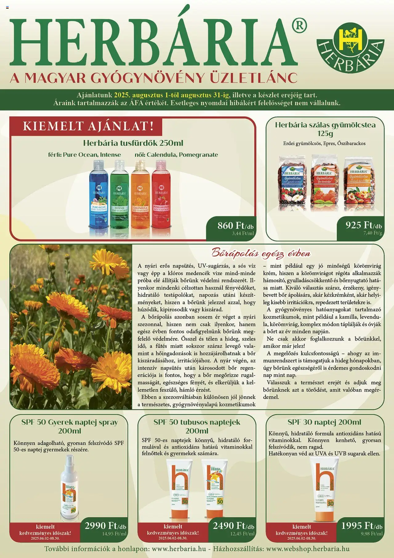 Herbária akciós ujság - amely érvényes a következő dátumtól: 01.08.2025 | Oldal: 1 | Termékek: Naptej, Gyümölcstea, Bor, Medencék