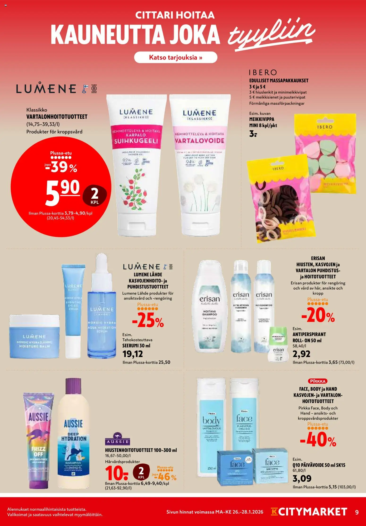 K-Citymarket tarjoukset – voimassa 26.01.2026 alkaen | Sivu: 9 | Tuotteet: Shampoo, Vartalovoide, Suihkugeeli, Seerumi