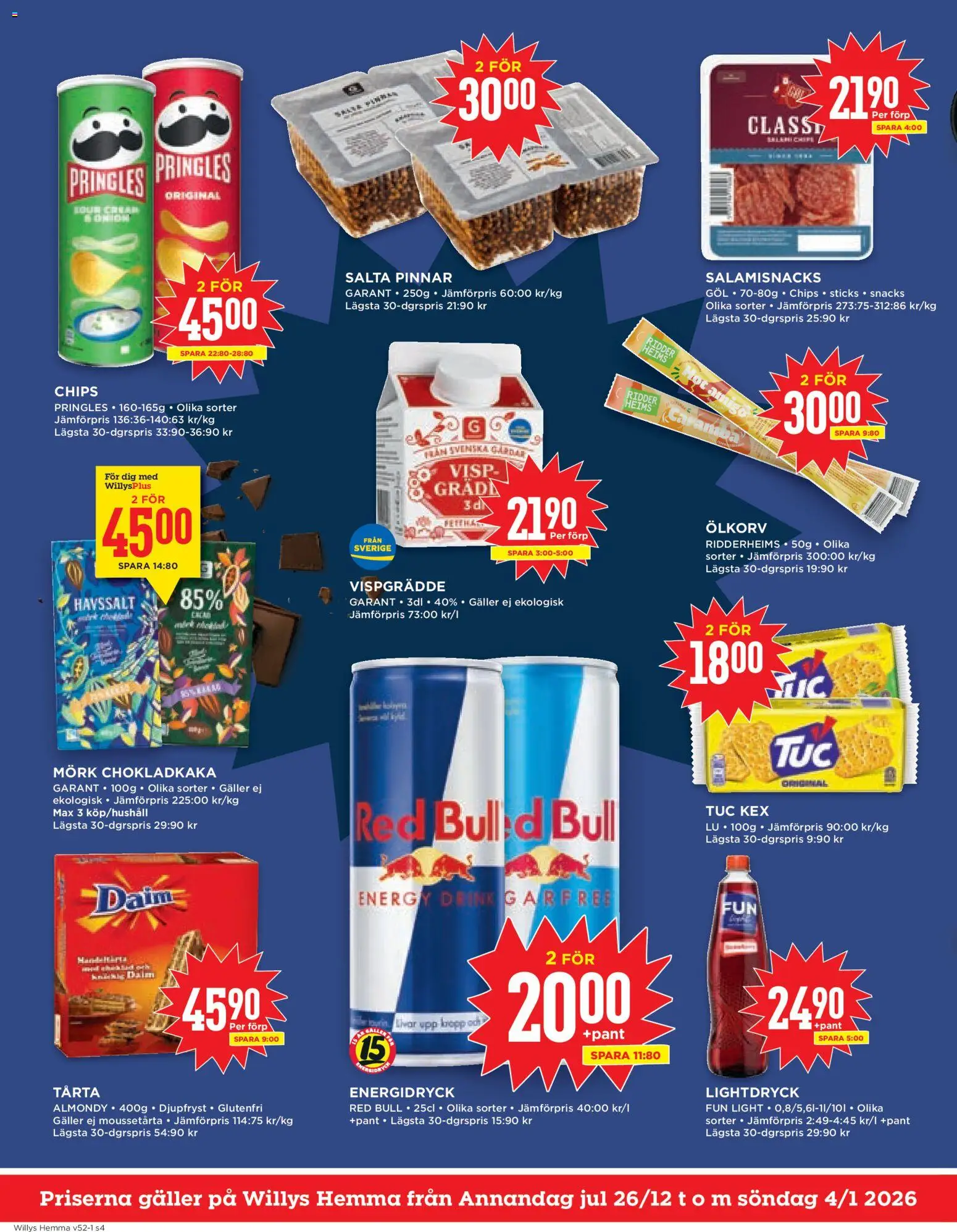 Willys reklamblad aktuell från 26.12.2025 | Sida: 4 | Produkter: Pringles, Chips, Salami, Energidryck