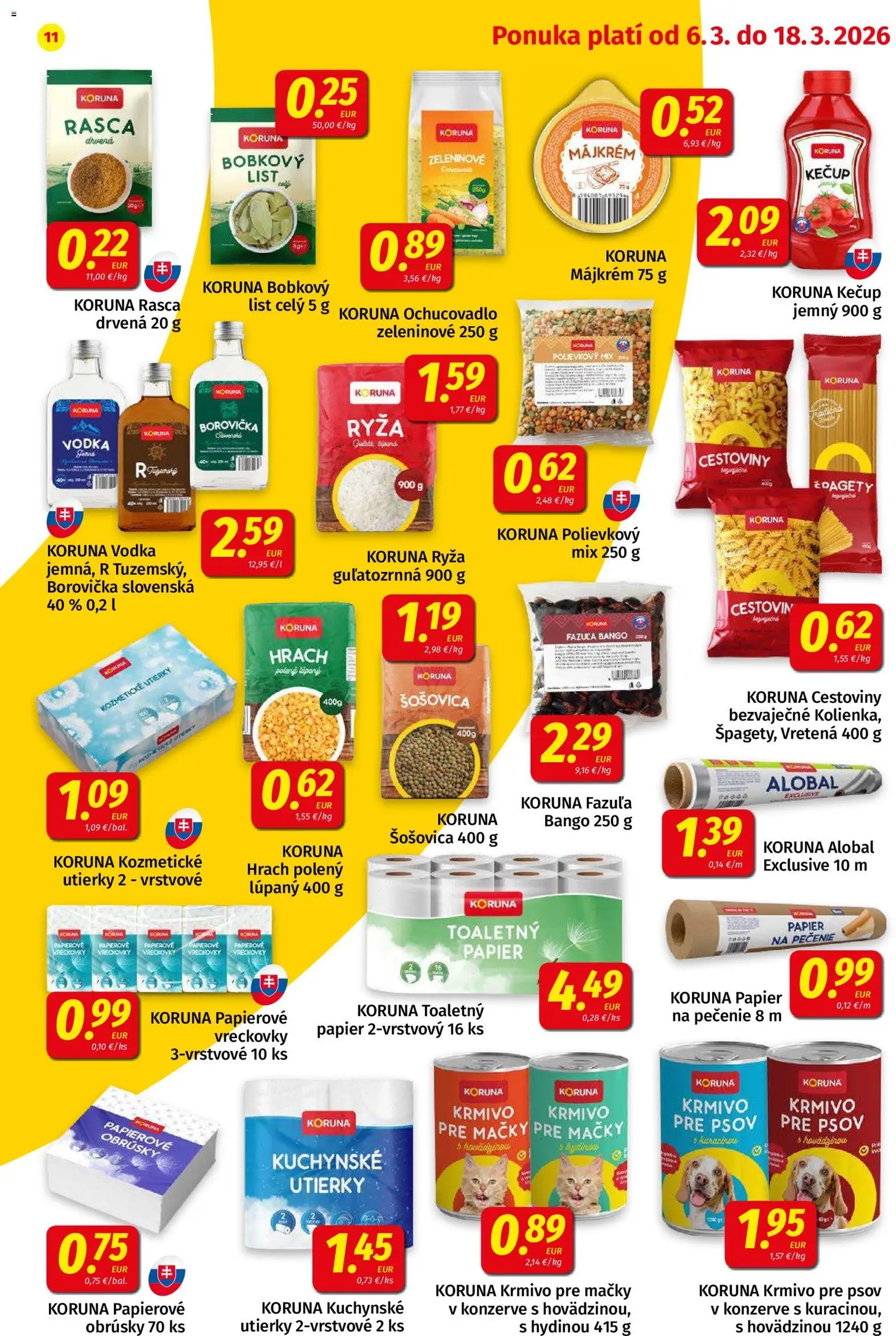 Nové Koruna akcie – leták je platný od 06.03.2026 | Strana: 11 | Produkty: Ryža, Borovička, Šošovica, Kečup