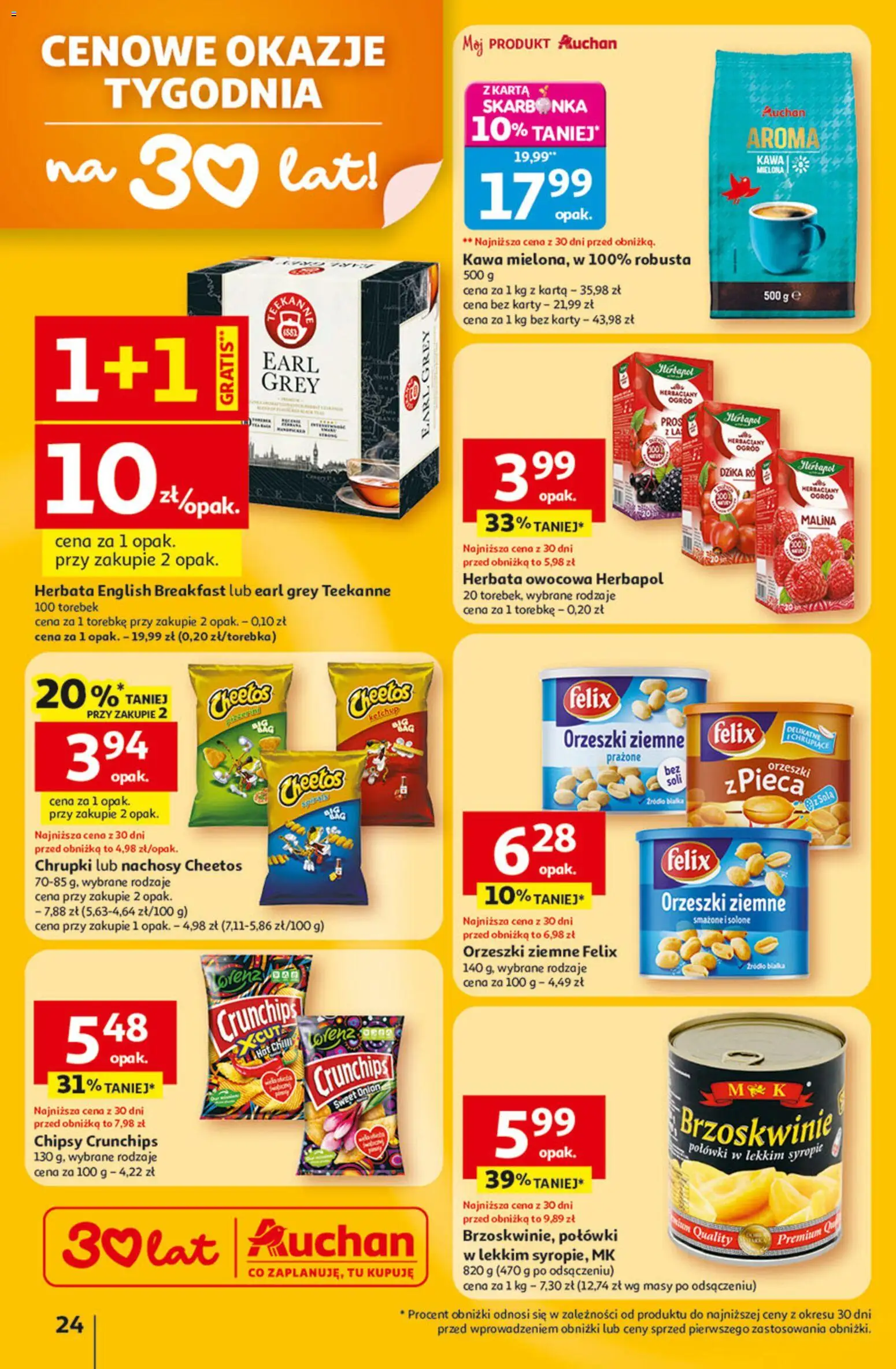 Auchan Gazetka - 30 Lat Hipermarket od 22.01.2026 | Strona: 24 | Produkty: Malina, Chipsy, Orzeszki ziemne, Kawa