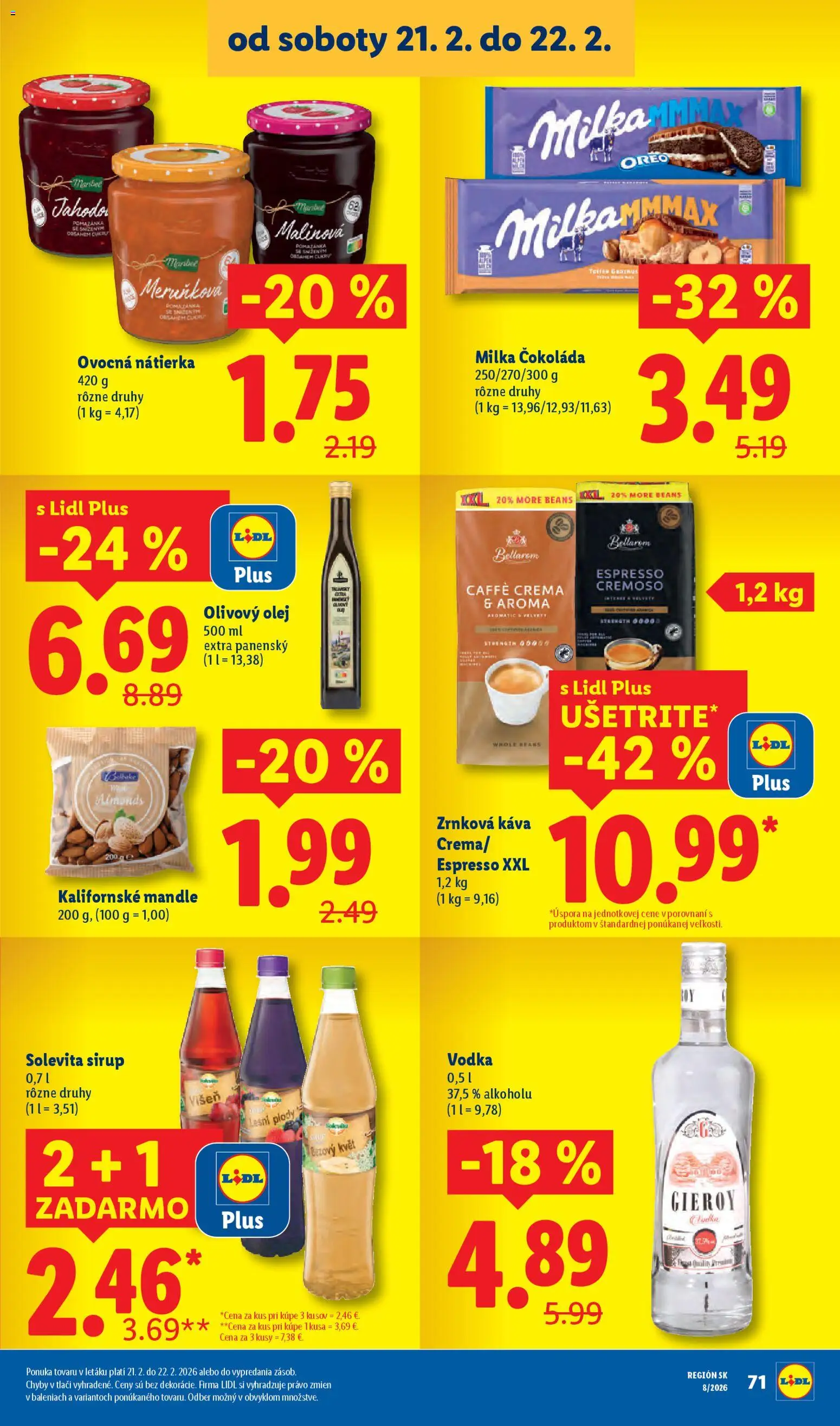 Nové Lidl akcie – leták je platný od 19.02.2026 | Strana: 42 | Produkty: Olej, Olivový olej, Vodka, Milka