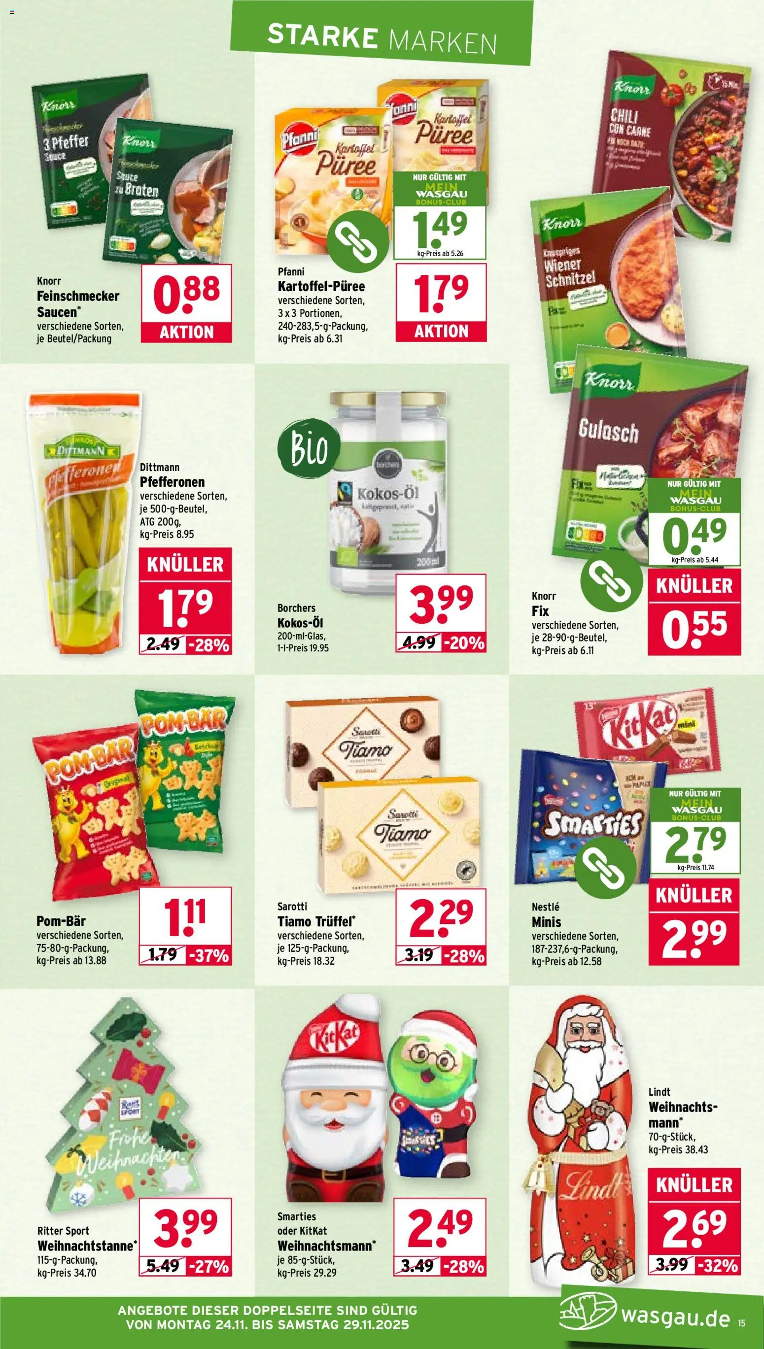Wasgau Prospekt 	 – gültig ab 24.11.2025 | Seite: 15 | Produkte: Smarties, Knorr, Pfeffer, Lindt