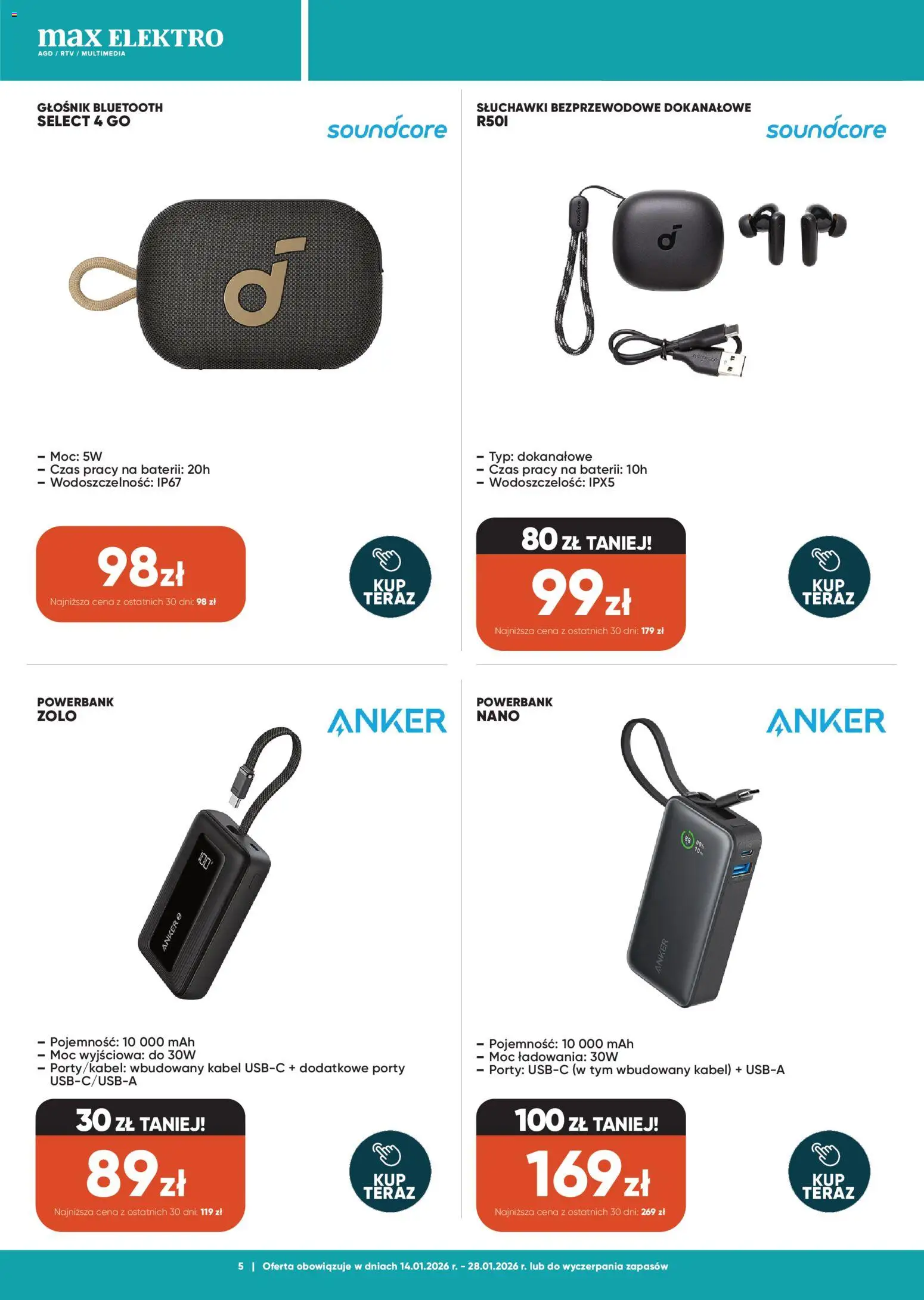 Max elektro Gazetka od 14.01.2026 | Strona: 5 | Produkty: Słuchawki, Kabel, Głośnik bluetooth, Słuchawki bezprzewodowe
