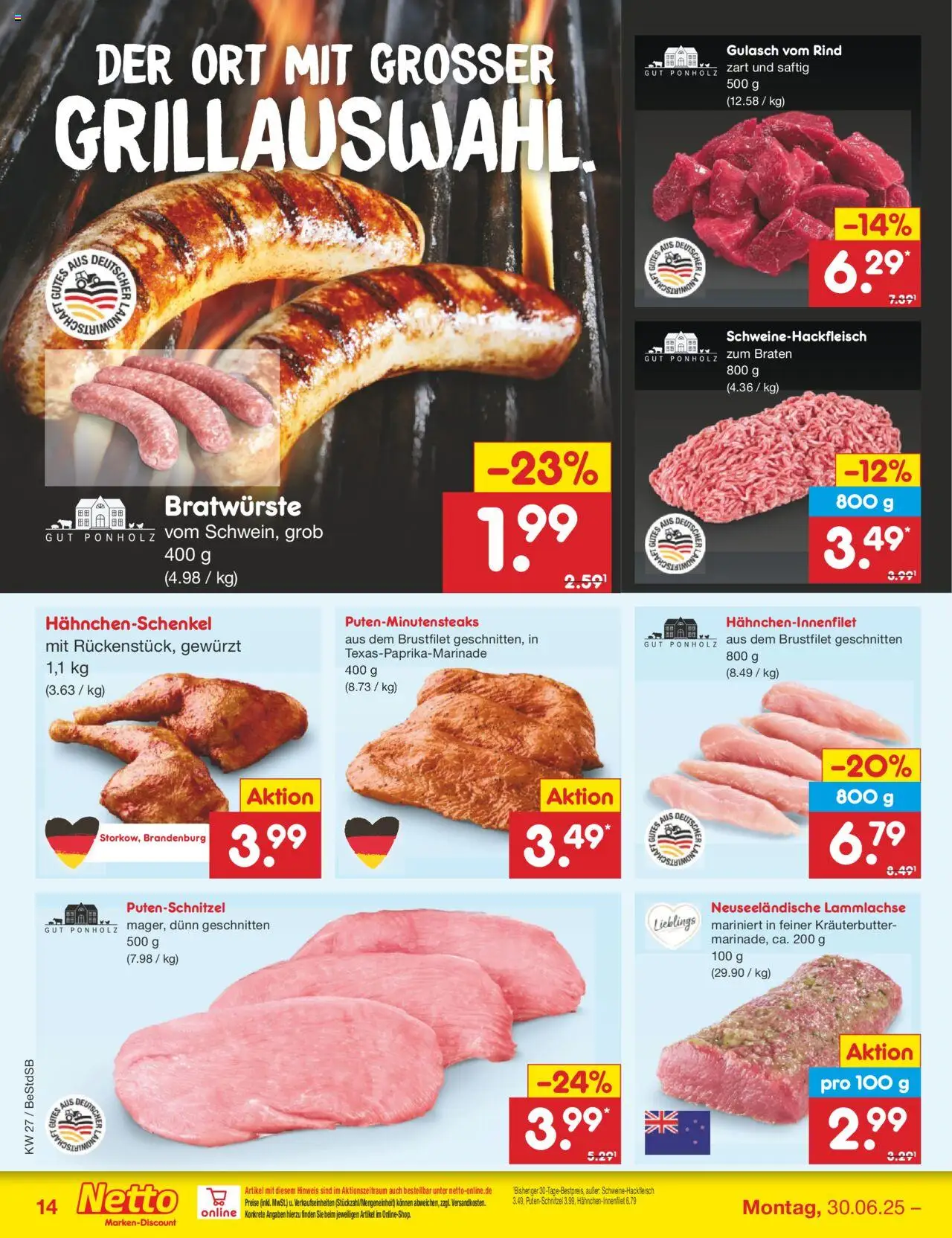 Netto Marken-Discount Prospekt 	 - gültig ab dem 30.06.2025 | Seite: 16 | Produkte: Hahnchenschenkel, Kräuterbutter, Gulasch, Putenschnitzel