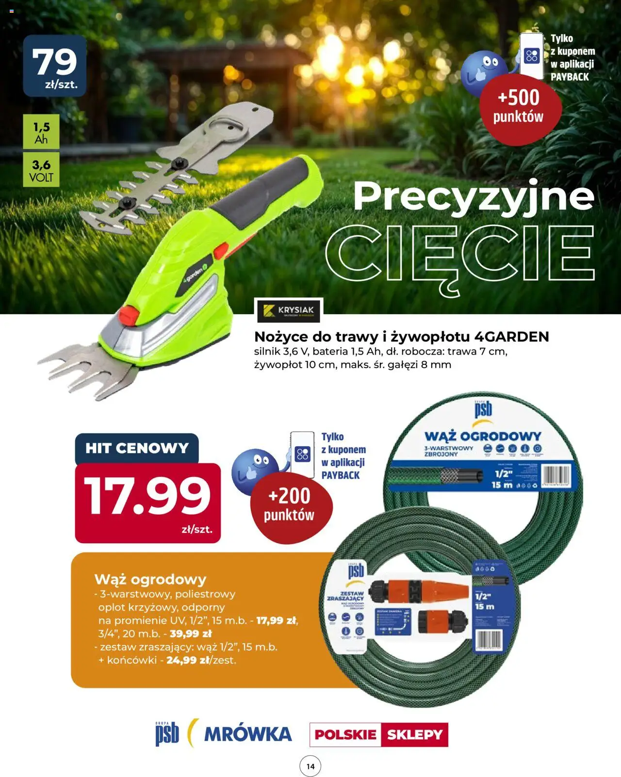 Mrówka Gazetka - Warszawa od 24.04.2025 | Strona: 14 | Produkty: Wąż ogrodowy, Trawy, Bateria, Nożyce do trawy