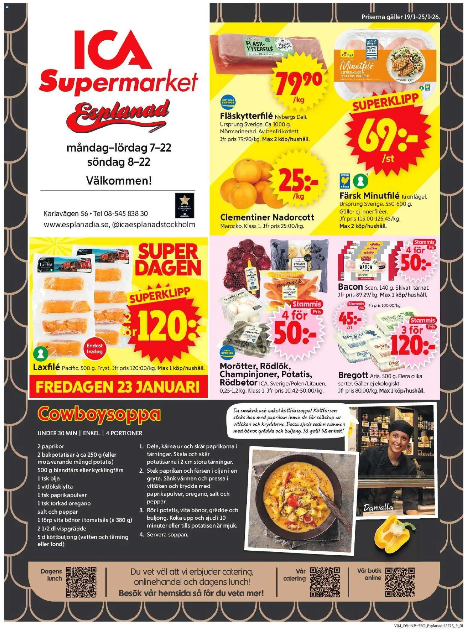 ICA Supermarket reklamblad aktuell från 19.01.2026 | Sida: 1 | Produkter: Bacon, Bregott, Peppar, Grädde