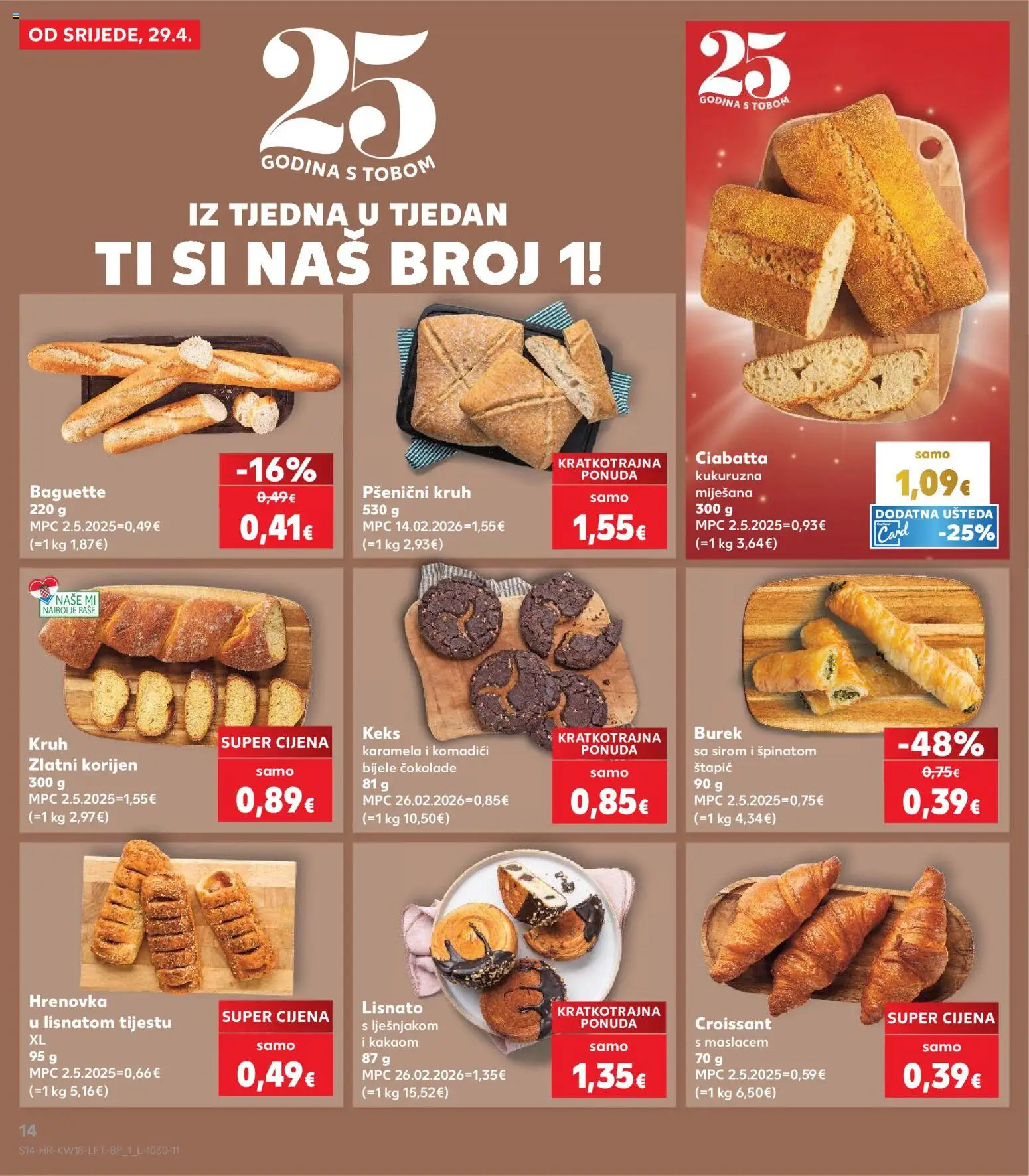 Kaufland HR akciós ujság - amely érvényes a következő dátumtól: 29.04.2026 | Oldal: 14 | Termékek: Burek, Croissant, Ciabatta