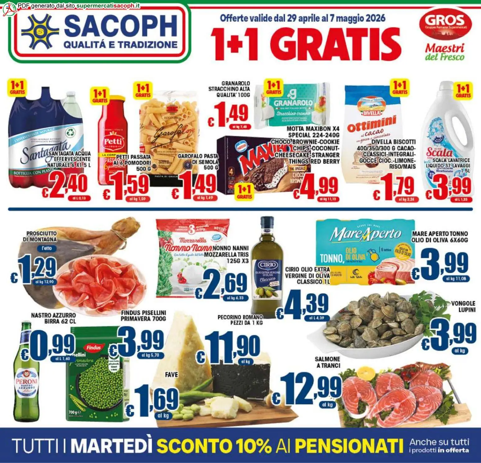 Volantino Sacoph del 29.04.2026 | Pagina: 1 | Prodotti: Lupini, Olio, Prosciutto, Bottiglia