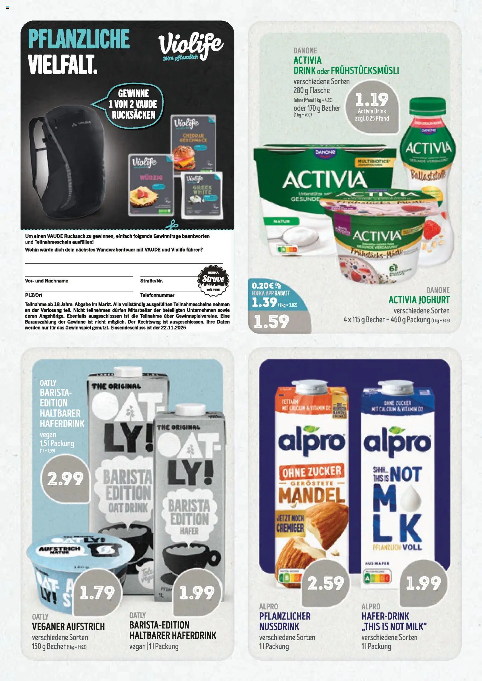 Edeka Struve Prospekt 	 – gültig ab 17.11.2025 | Seite: 14 | Produkte: Activia, Danone activia, Oatly, Rucksack