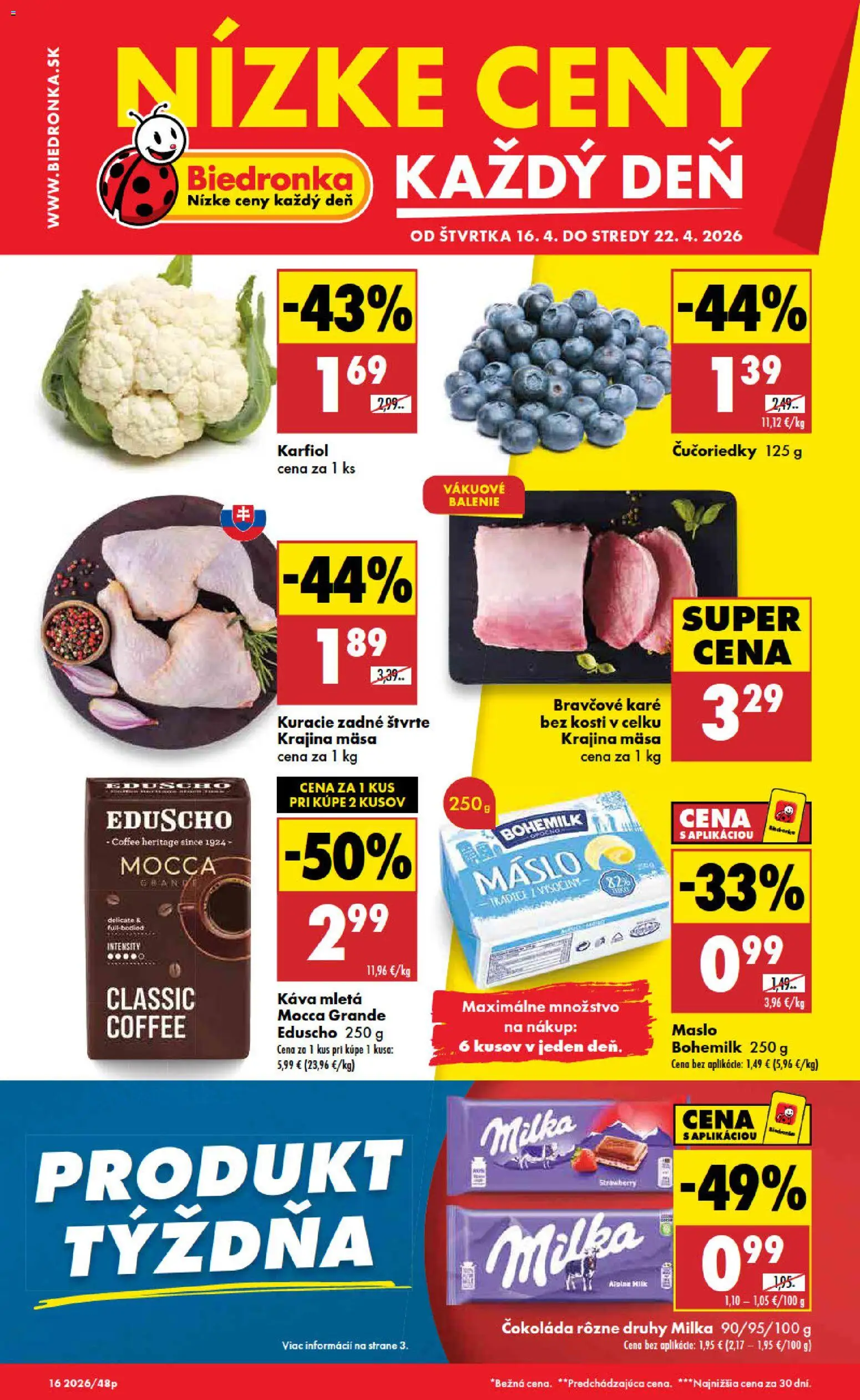 Nové Biedronka akcie – leták je platný od 16.04.2026 | Strana: 1 | Produkty: Maslo, Káva, Milka, Bravčové karé
