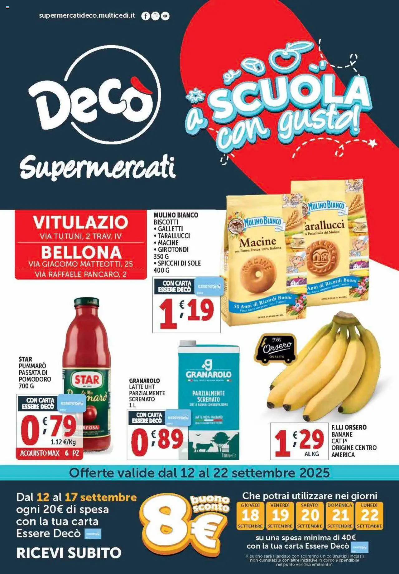 Volantino Decò del 12.09.2025 | Pagina: 1 | Prodotti: Banane, Biscotti, Pomodoro, Latte