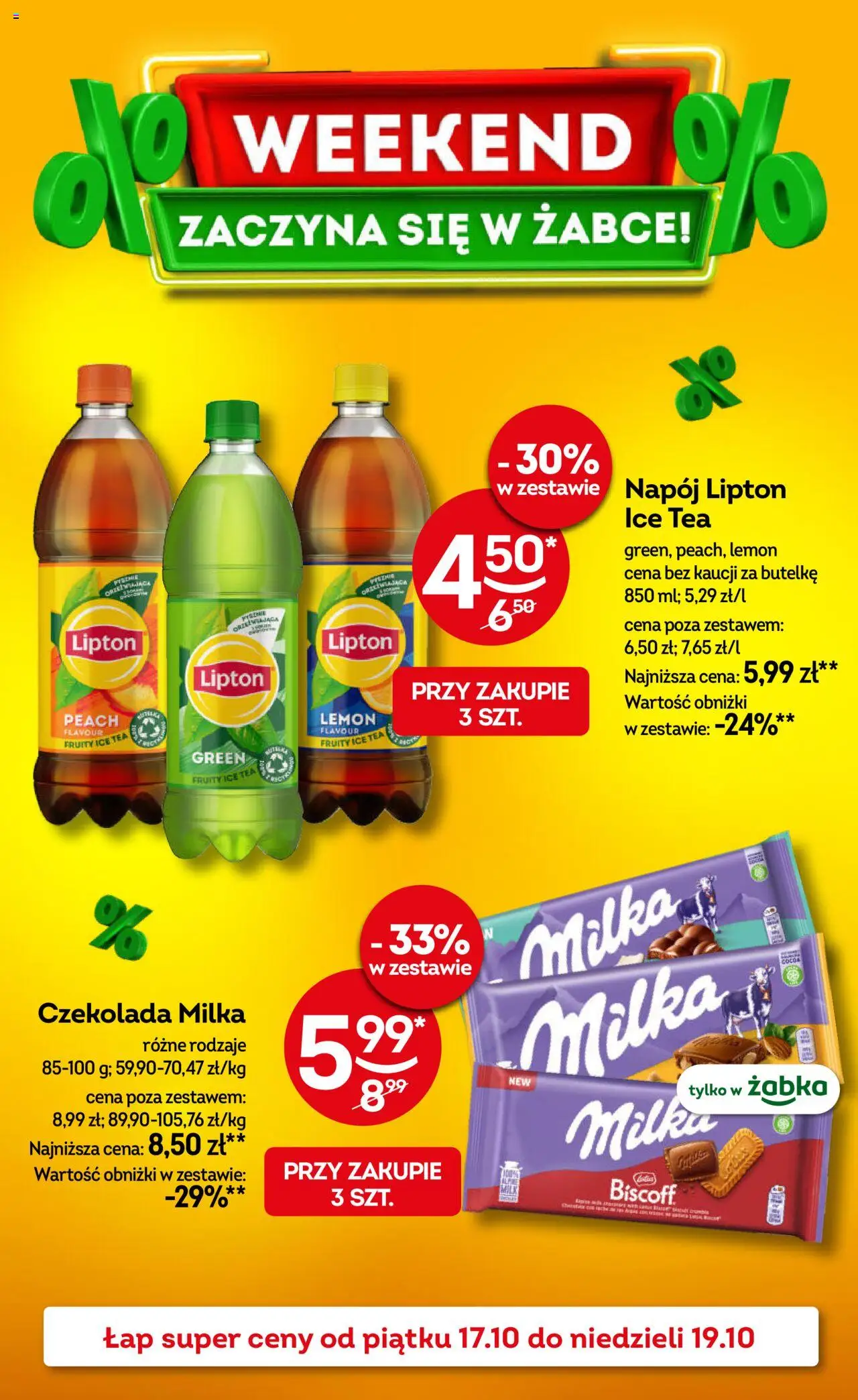 Żabka Gazetka - Weekendowe promocje od 17.10.2025 | Strona: 1 | Produkty: Ice Tea, Czekolada milka, Milka, Czekolada