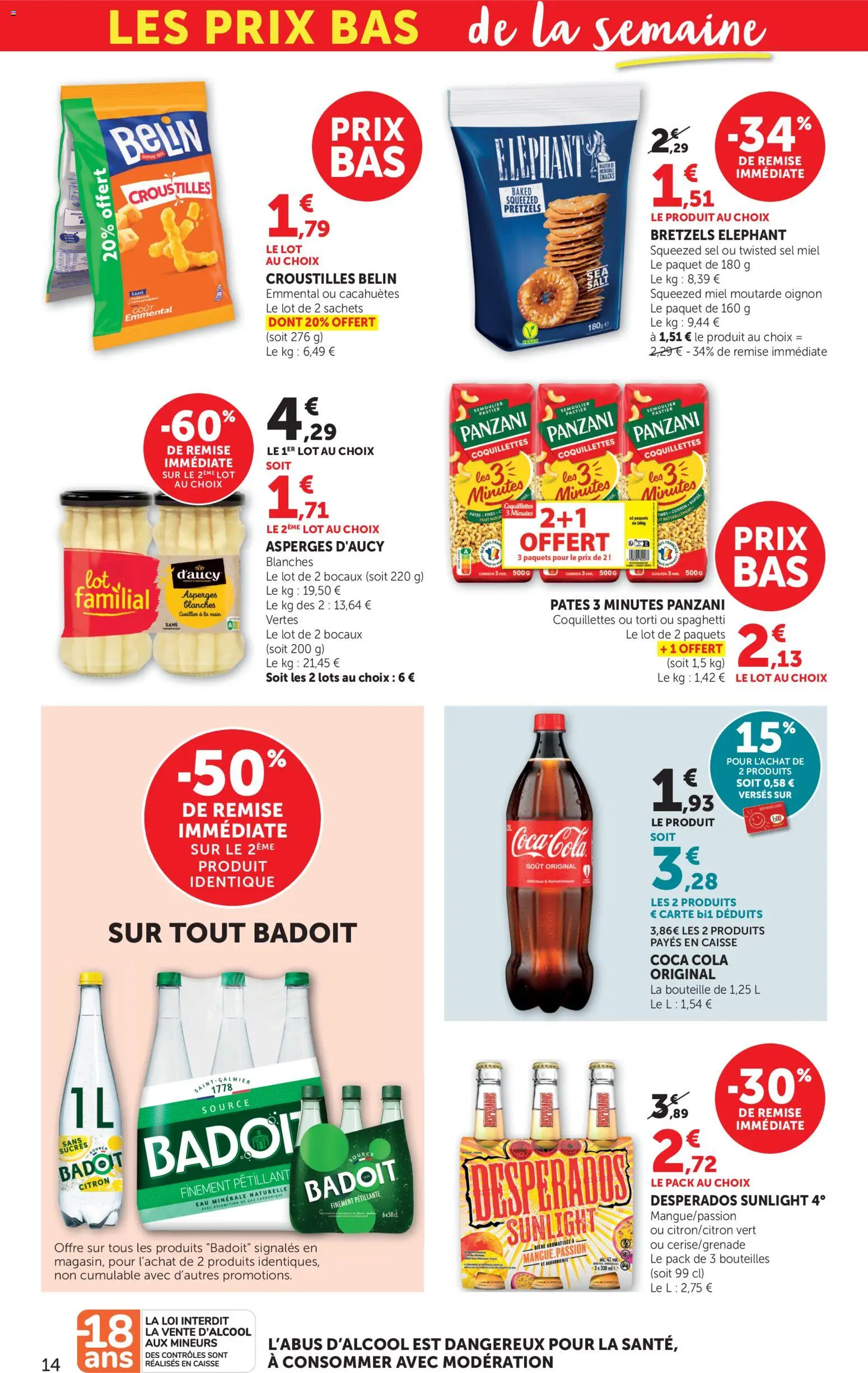 {H1} | Page: 14 | Produits: Desperados, Eau minérale, Coca cola, Coquillettes