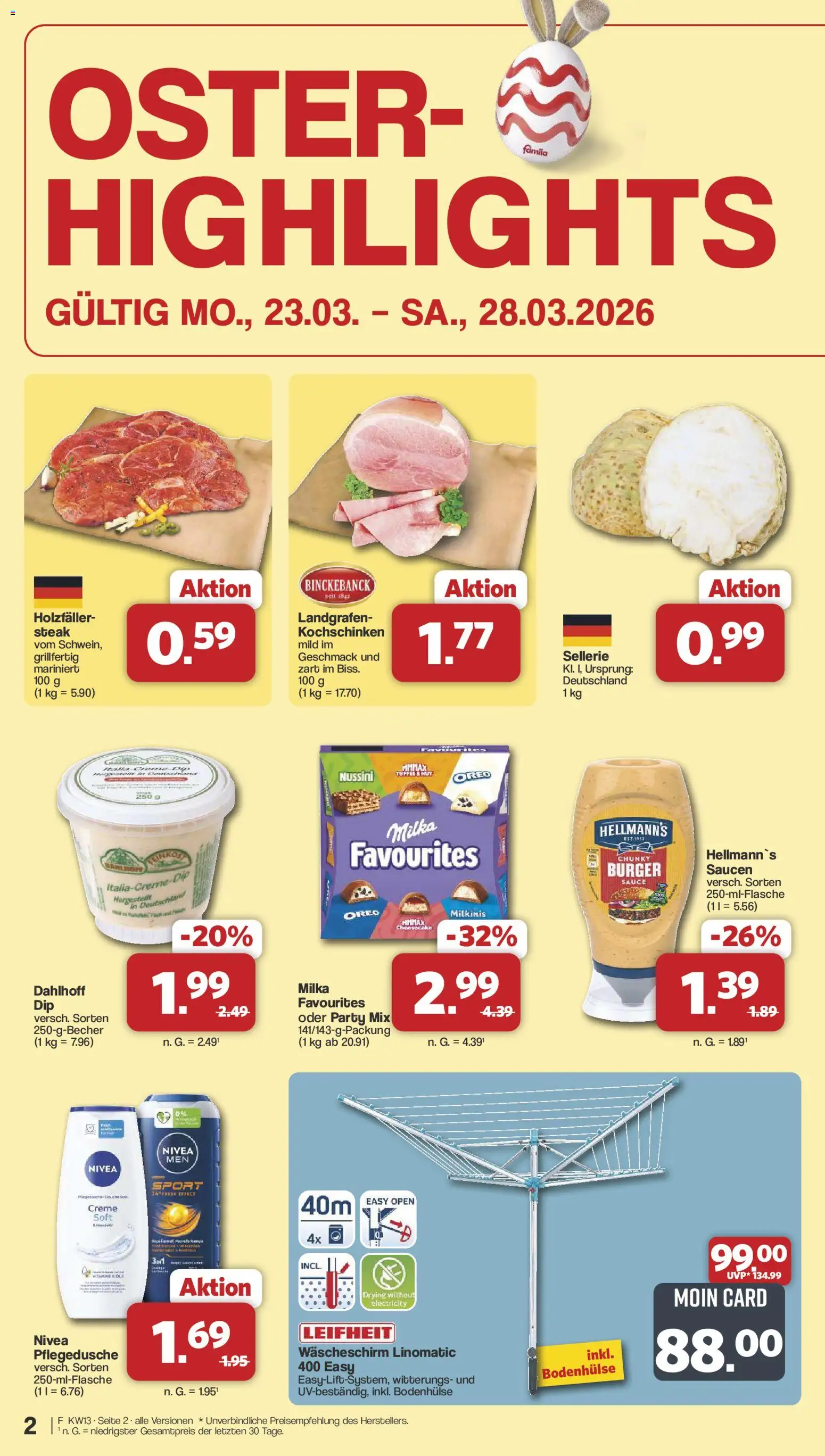 Famila Nordwest Prospekt 	 – gültig ab 23.03.2026 | Seite: 2 | Produkte: Burger, Milka, Creme, Steak