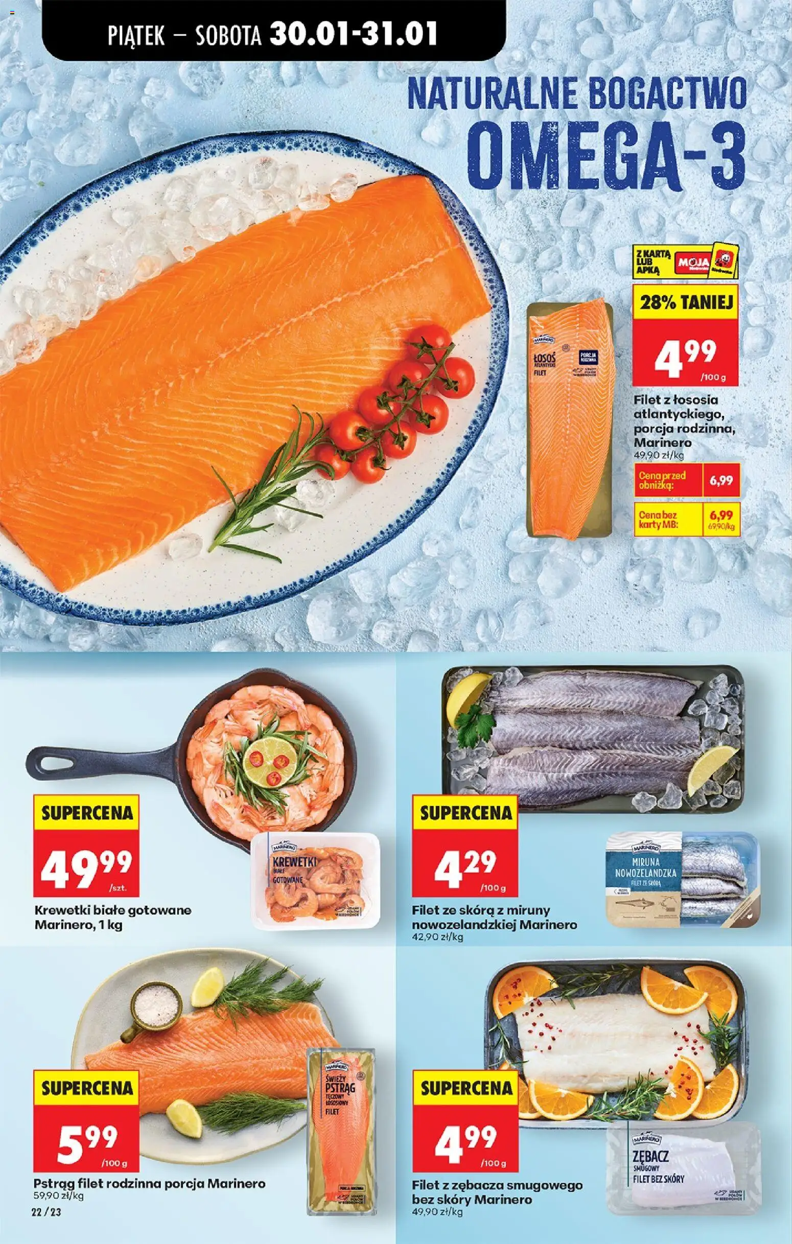 Biedronka gazetka - Od piątku od 30.01.2026 | Strona: 26 | Produkty: Pstrąg tęczowy, Miruna, Krewetki białe, Filet z łososia