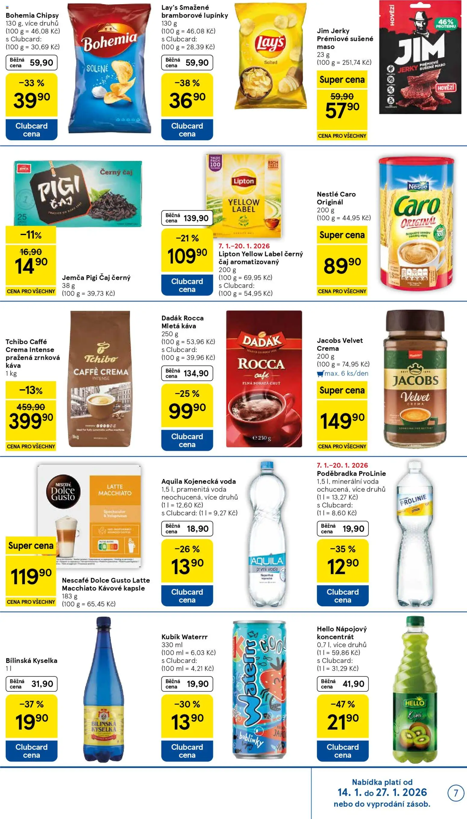 Tesco leták - Supermarket od 14.01.2026 | Strana: 7 | Produkty: Káva, Caro, Jacobs velvet, Kojenecká voda Aquila