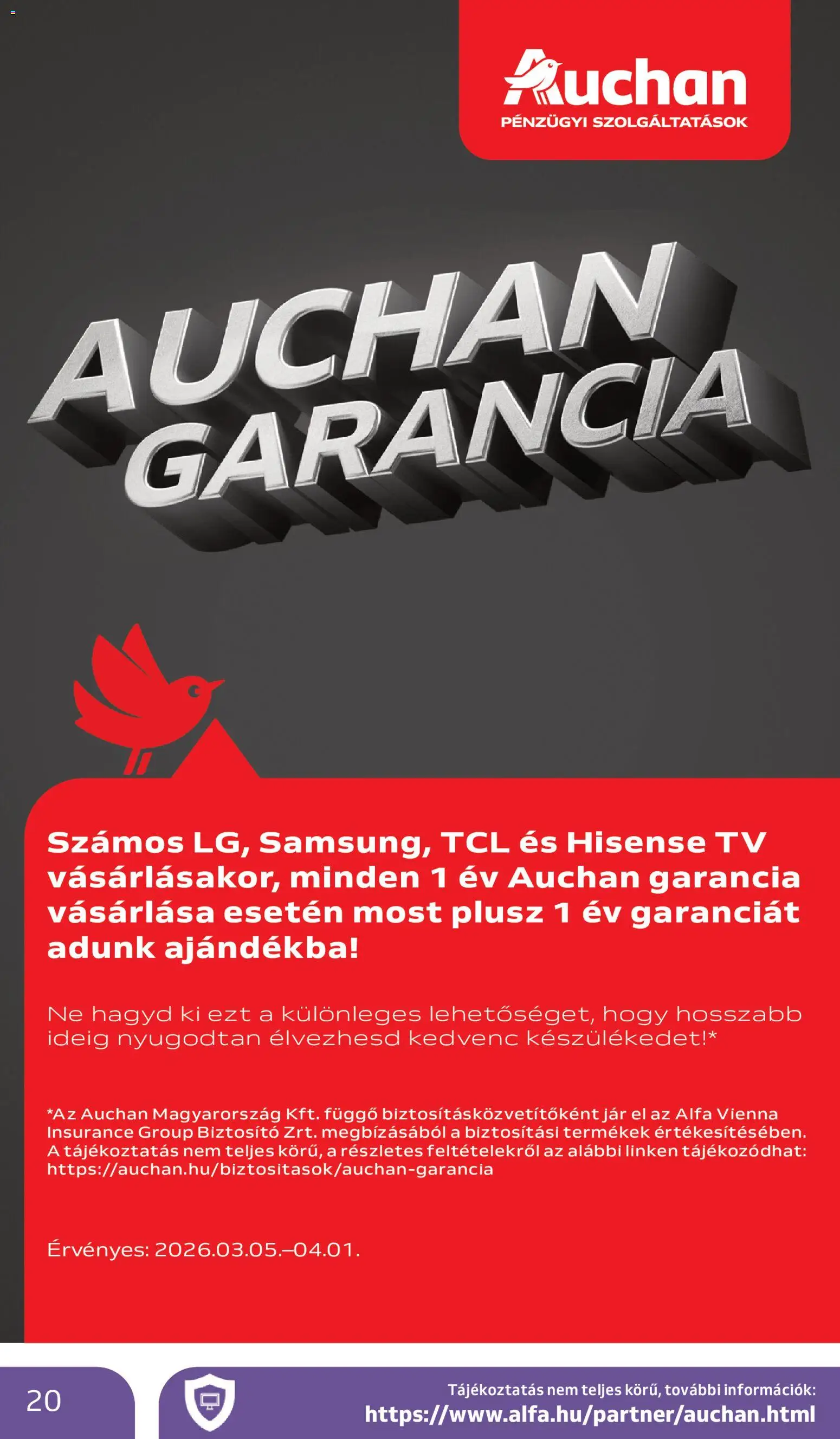 Auchan akciós ujság - amely érvényes a következő dátumtól: 05.03.2026 | Oldal: 20 | Termékek: TV
