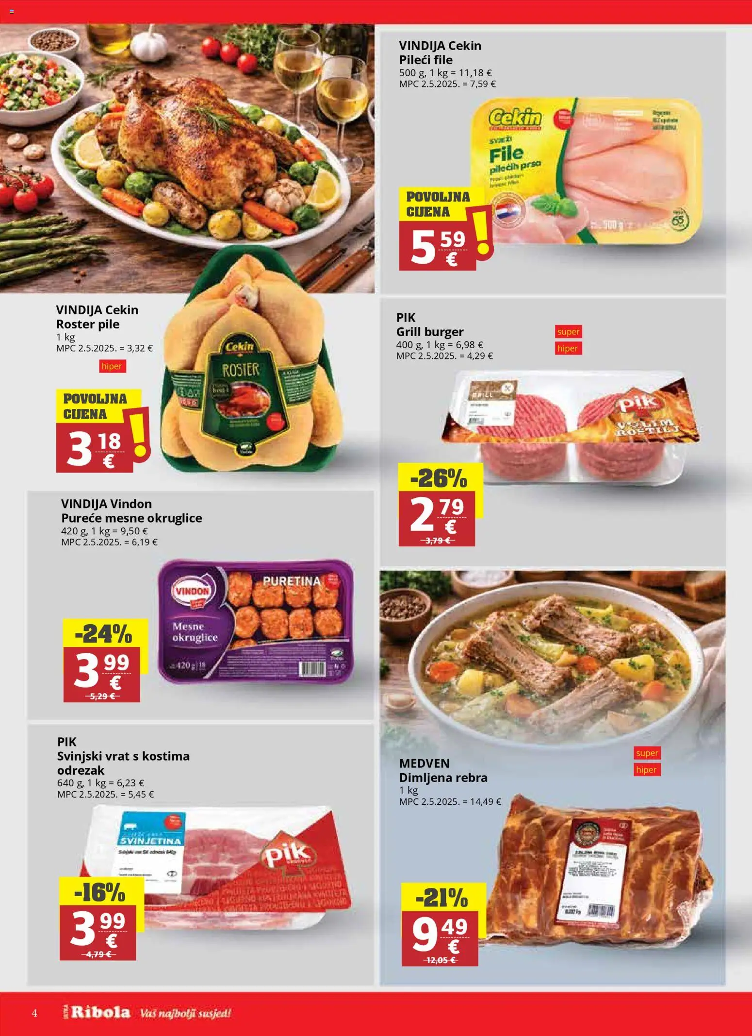 Ribola katalog | vrijedi od 08.04.2026 | Stranica: 4 | Proizvodi: Vindija, Svinjski vrat, Pileći file, Mesne okruglice