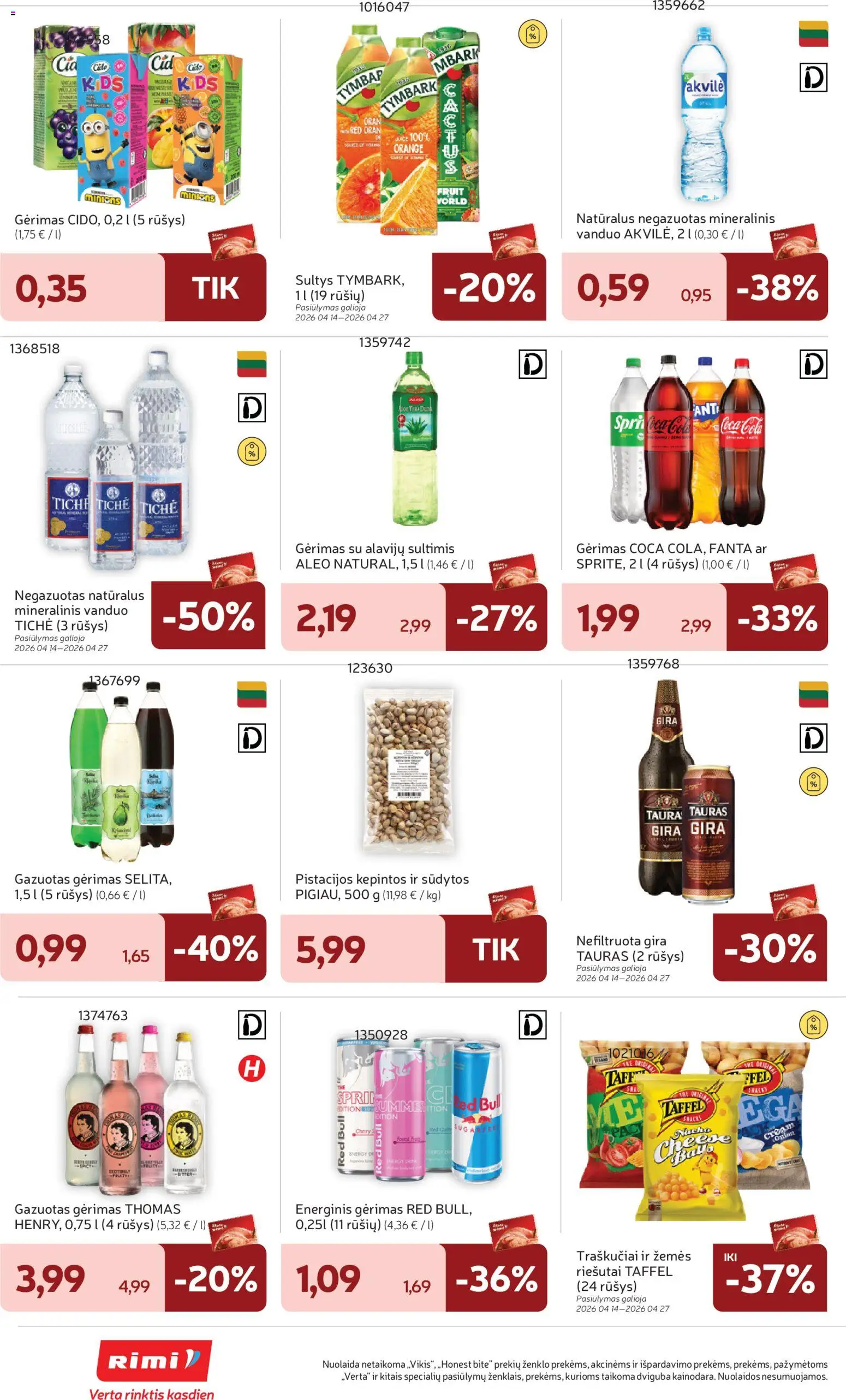 Rimi akcijos nuo 14.04.2026 | Puslapis: 28 | Prekių: Energinis gėrimas, Sultys, Traškučiai, Mineralinis vanduo