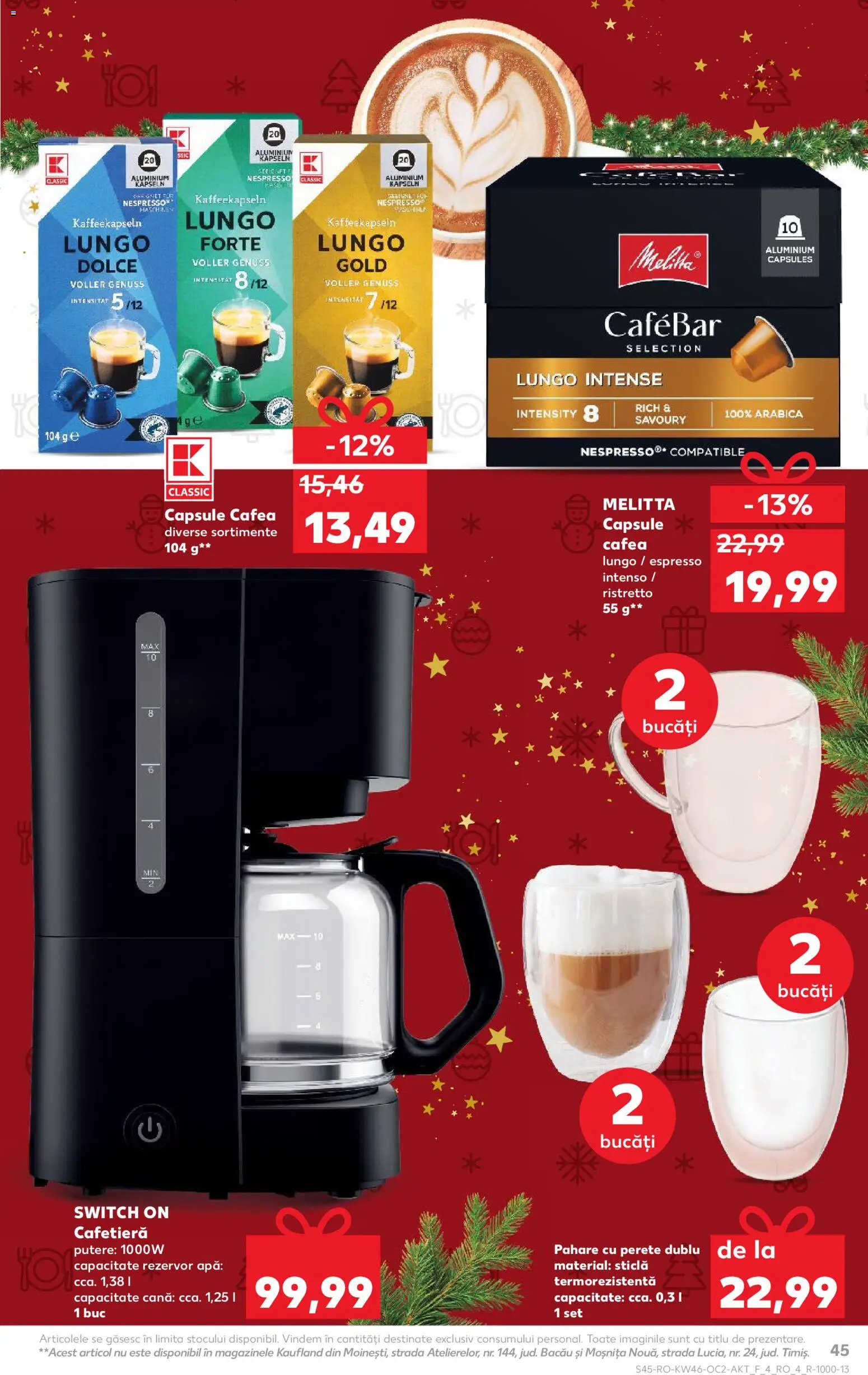 Noul catalog Kaufland – valabil de la 12.11.2025 | Pagină: 45 | Produse: Pahare, Cafetieră, Cafea, Apă