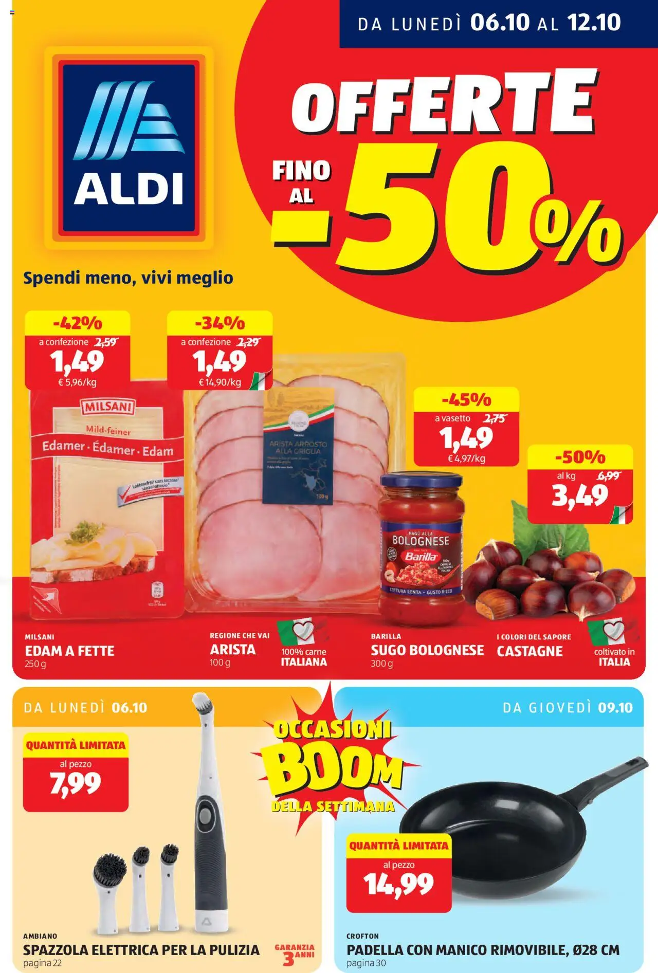 Volantino Aldi del 06.10.2025 | Pagina: 1 | Prodotti: Spazzola, Arrosto, Spazzola elettrica, Padella