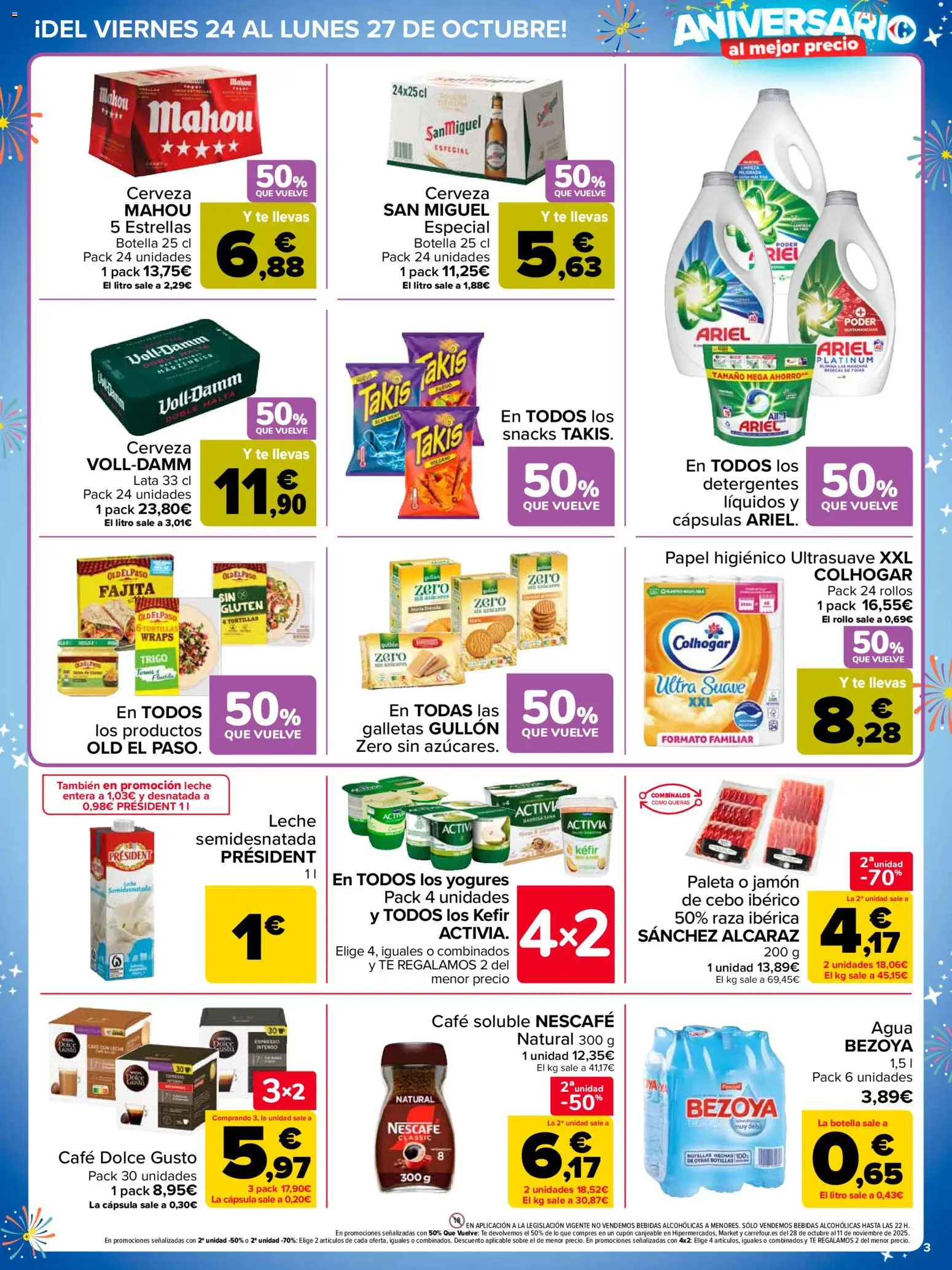 Carrefour folleto │ válido desde el 24.10.2025 | Página: 3 | Productos: Jamón, Cerveza, Papel higienico, Μηχανή καφέ