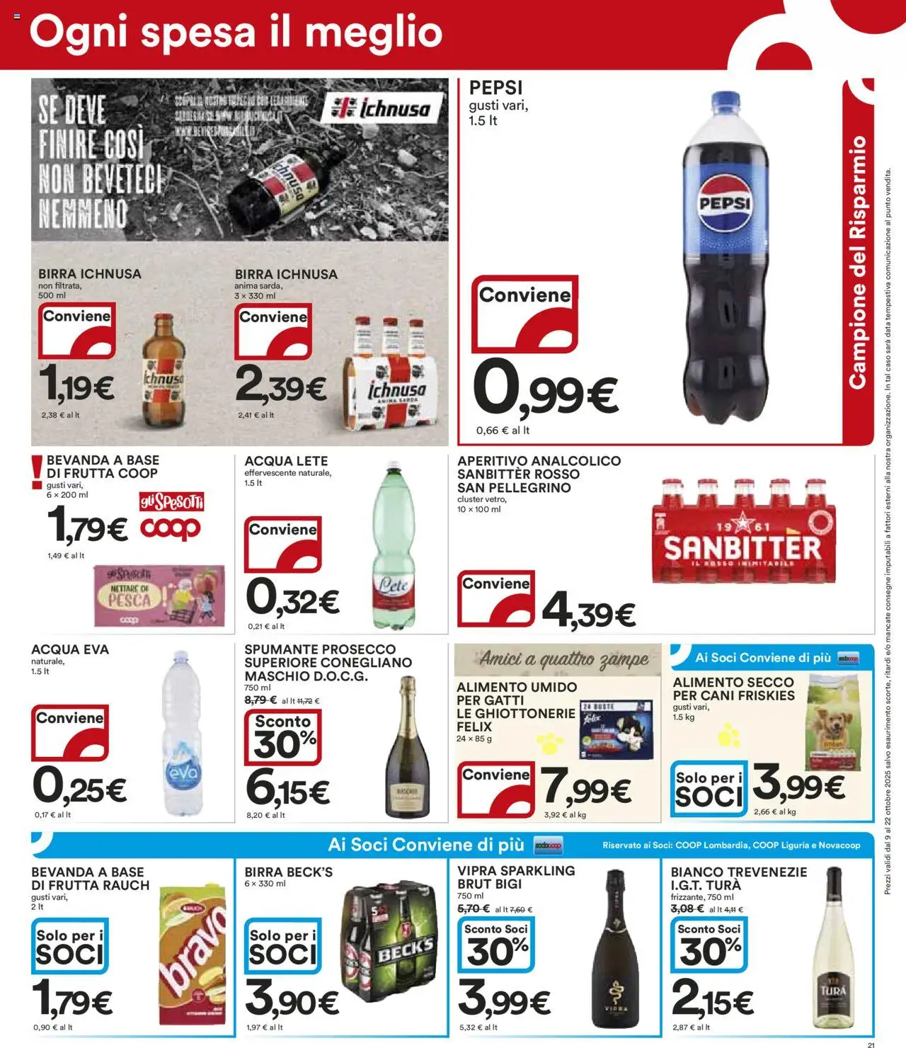 Volantino Ipercoop del 09.10.2025 | Pagina: 21 | Prodotti: Acqua Lete, Birra, Prosecco, Pepsi