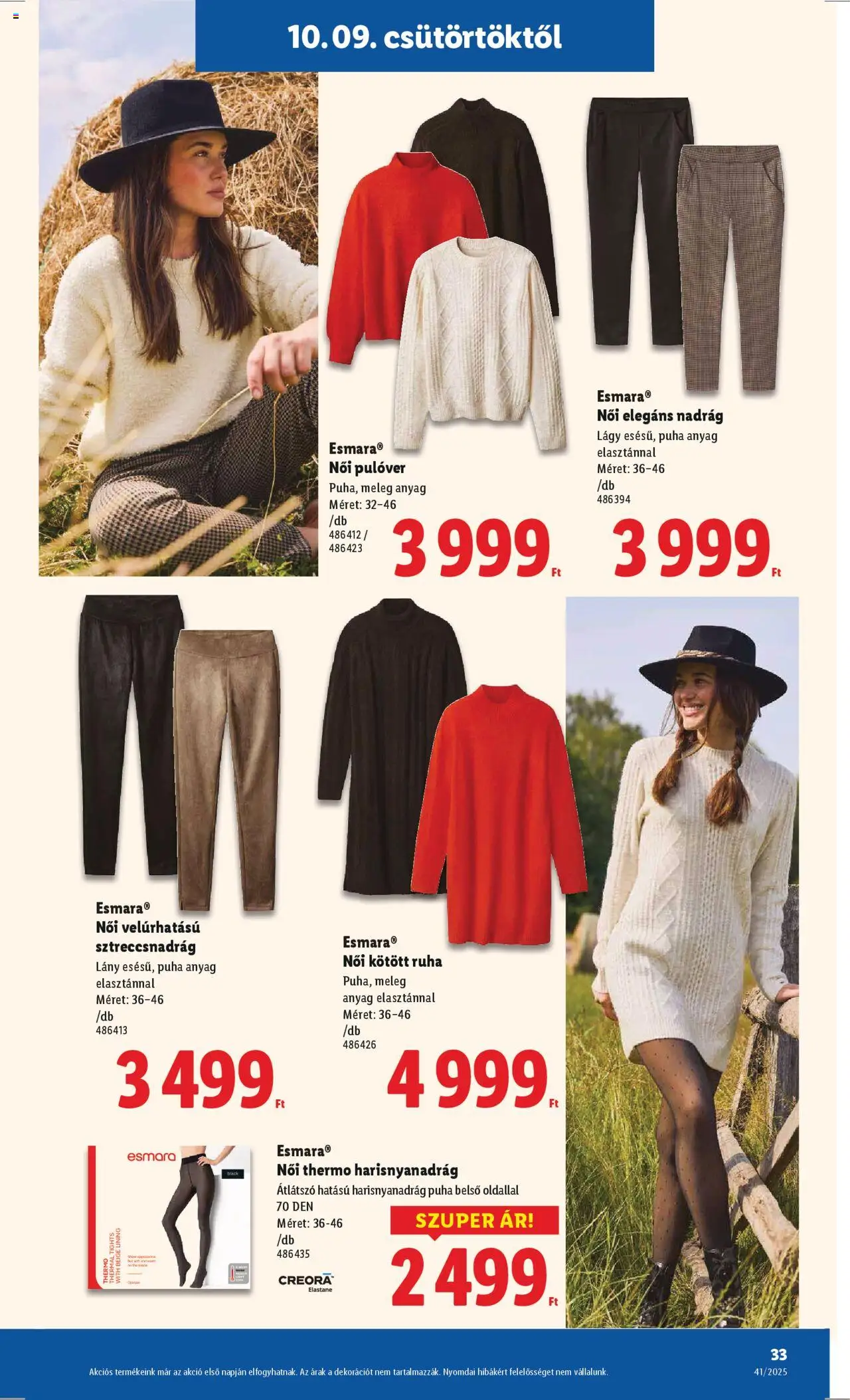 Lidl akciós ujság - amely érvényes a következő dátumtól: 09.10.2025 | Oldal: 33 | Termékek: Harisnyanadrág, Ruha, Pulóver, Nadrág