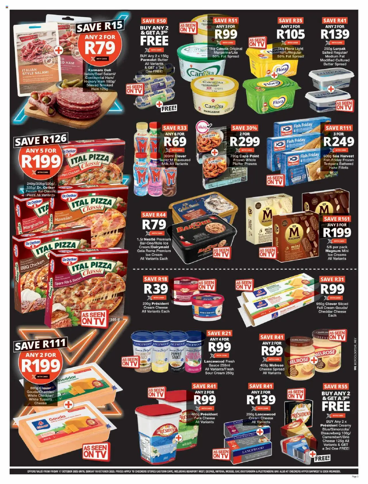 New Checkers catalogue – valid from 17.10.2025 | Page: 3 | Products: Cheese, Salami, Pizza, Chicken