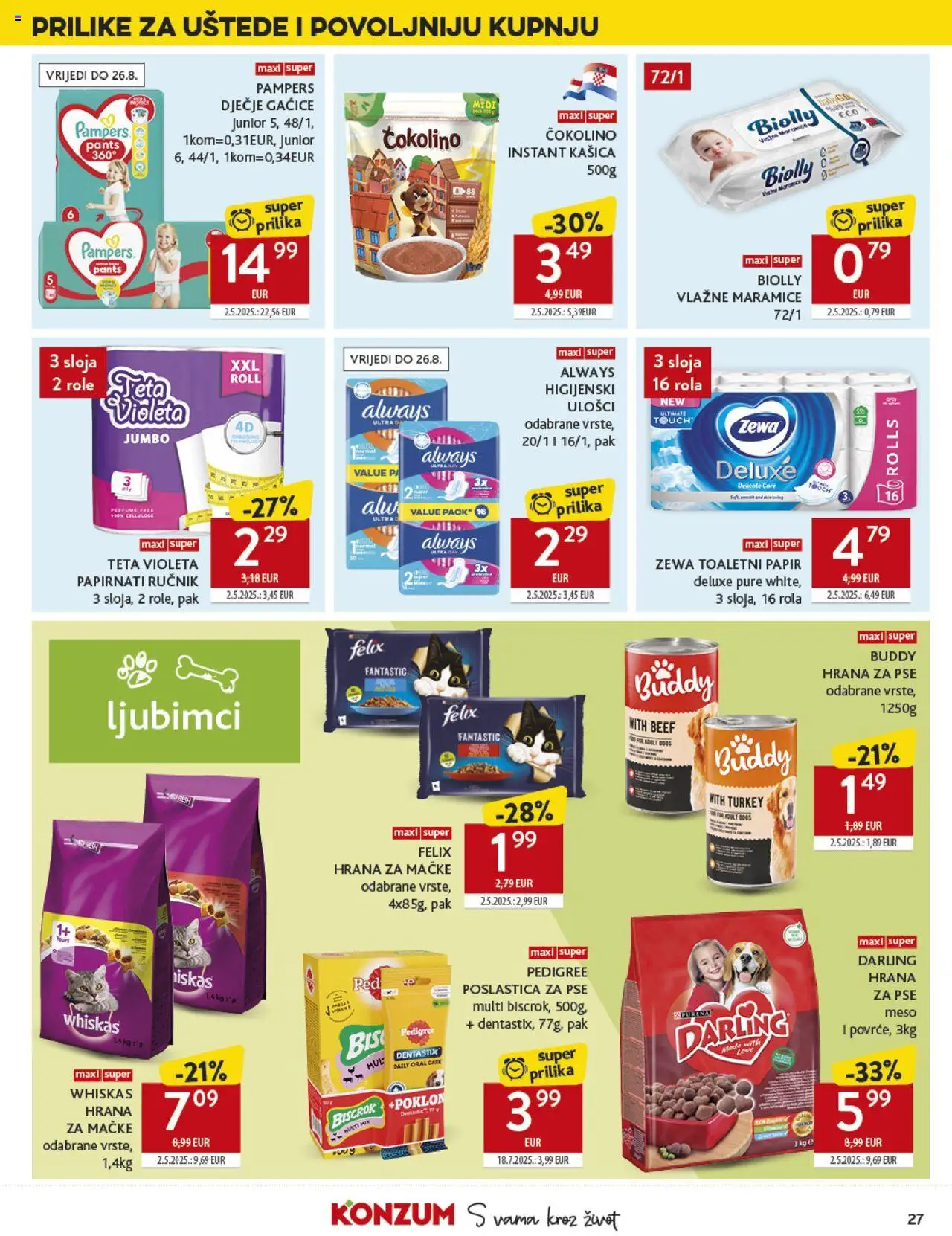 Konzum HR akciós ujság - amely érvényes a következő dátumtól: 13.08.2025 | Oldal: 27 | Termékek: Pampers, Whiskas