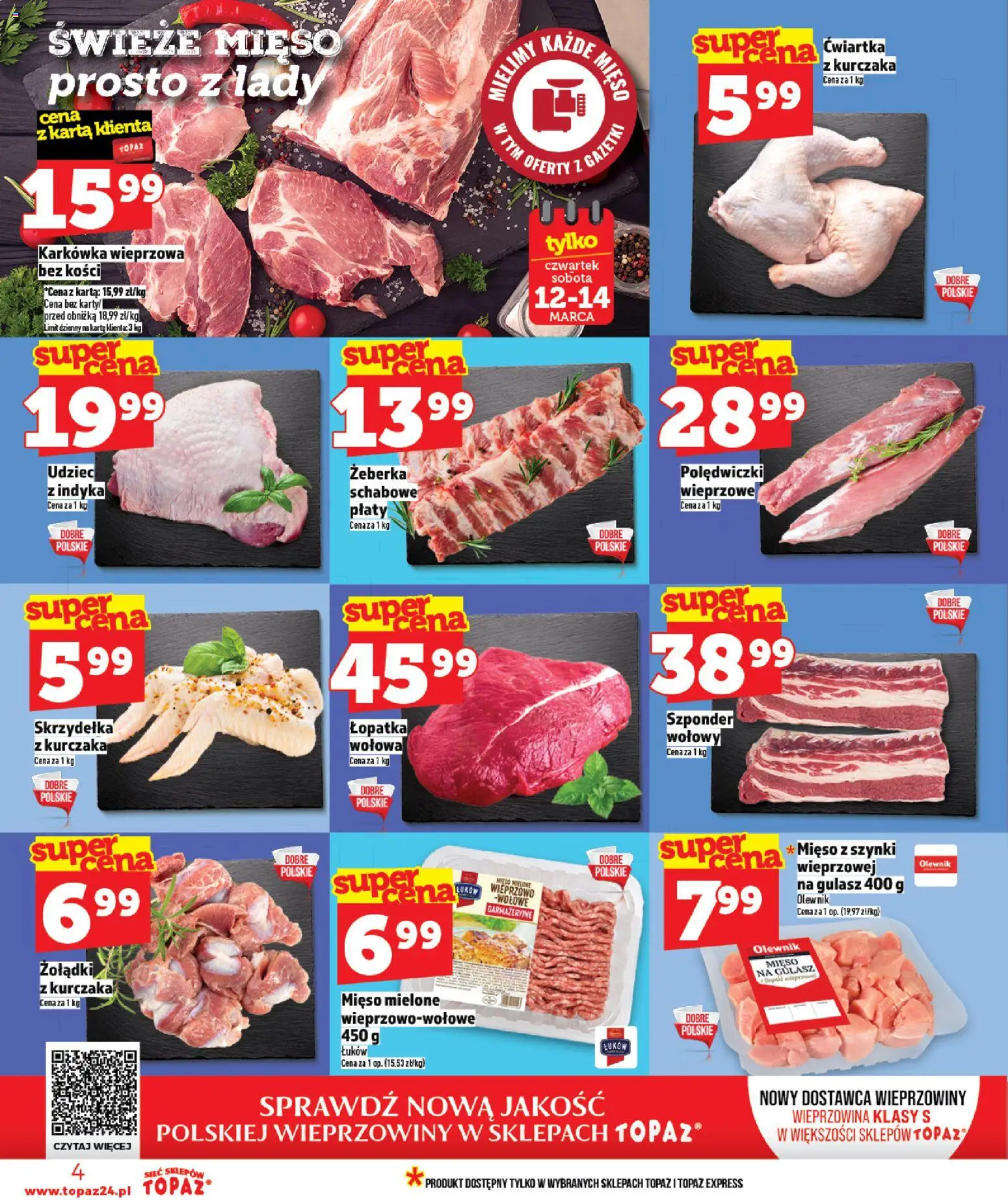 Topaz gazetka - MAZ od 12.03.2026 | Strona: 4 | Produkty: Karkówka wieprzowa, Mięso mielone, Mięso na gulasz, Gulasz