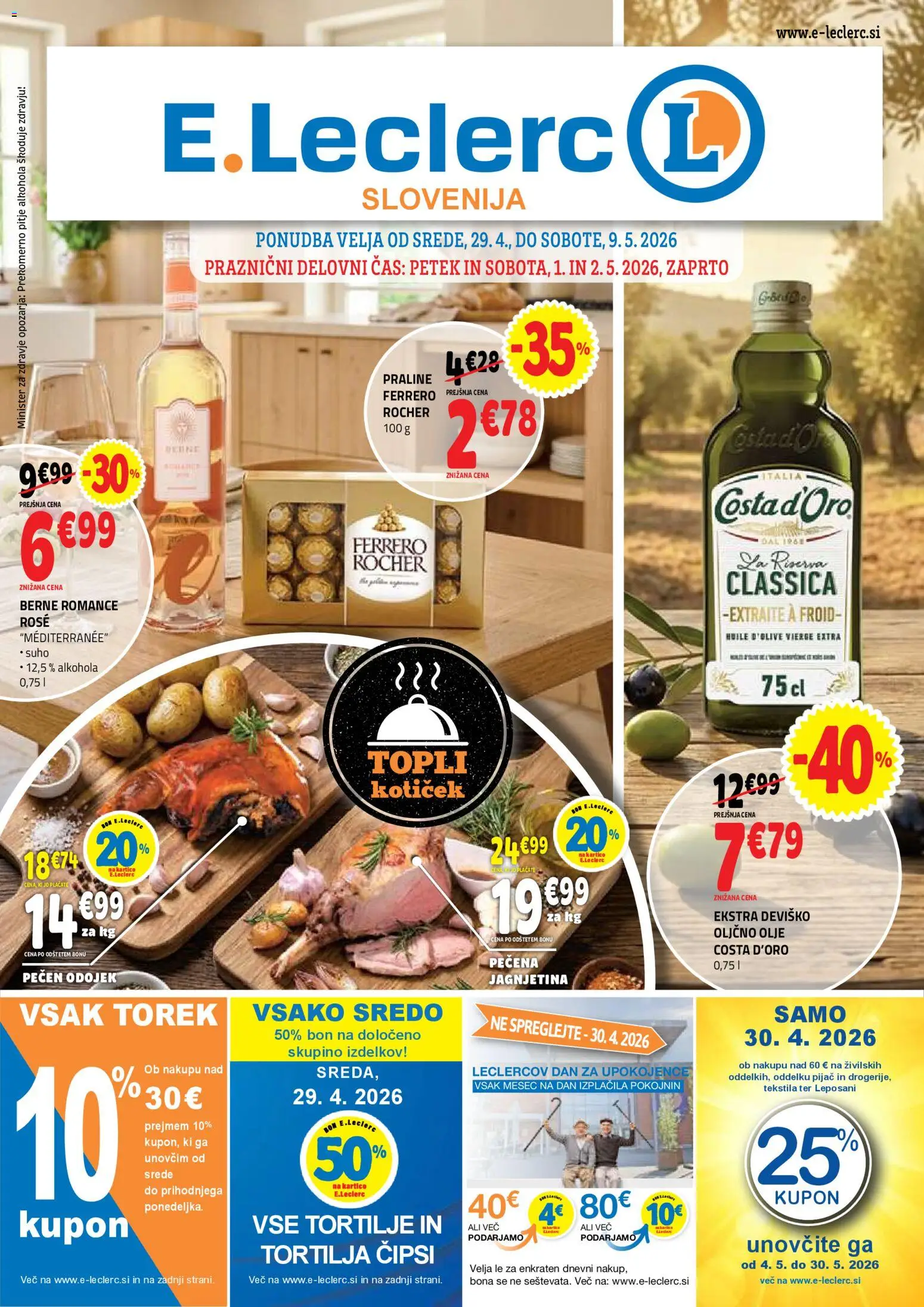 Novi E.leclerc katalog ponudbe – veljaven od 29.04.2026 | Stran: 1 | Izdelki: Oljčno olje, Tortilje, Olje