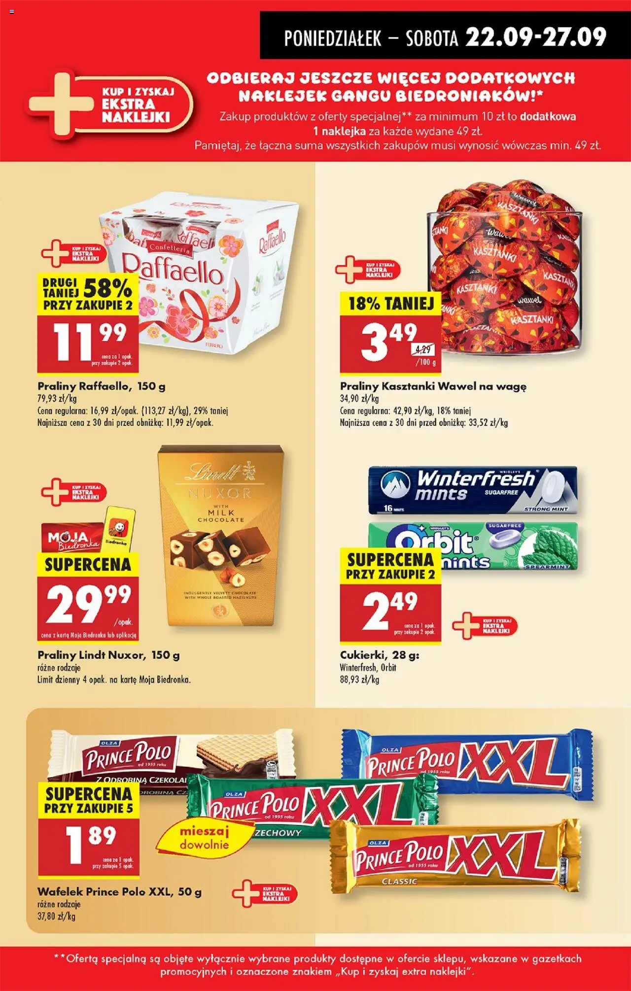 Biedronka gazetka od 22.09.2025 | Strona: 25 | Produkty: Karta, Prince polo xxl, Praliny, Naklejki