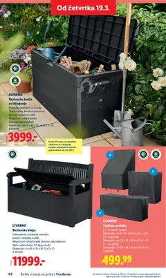 LIVARNO Baštenska klupa, Jednostavna, bezalatna montaža pomoću spajanja na klik. Mogućnost zaključavanja (katanac nije uključen). Maks. opterećenje: 110 kg po osobi. Dimenzije: cca 60 x 130 x 85 (D x Š x V) - pregled Lidl kataloga - važi od 26.02.2026 | Strana: 62 | Proizvode: Kutija, Klupa
