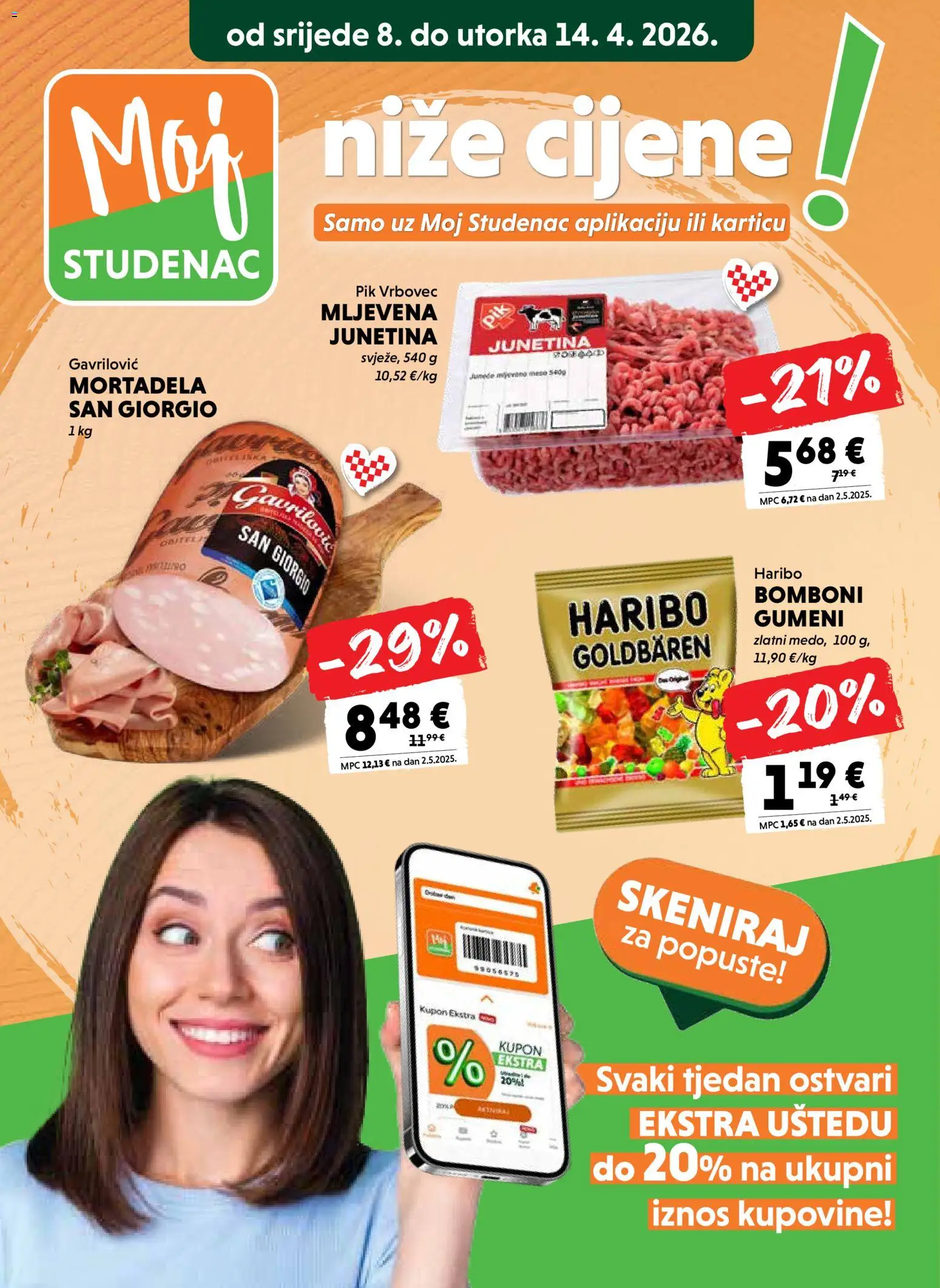 Studenac katalog | vrijedi od 08.04.2026 | Stranica: 1 | Proizvodi: Junetina, Mortadela, Bomboni, Pik Vrbovec