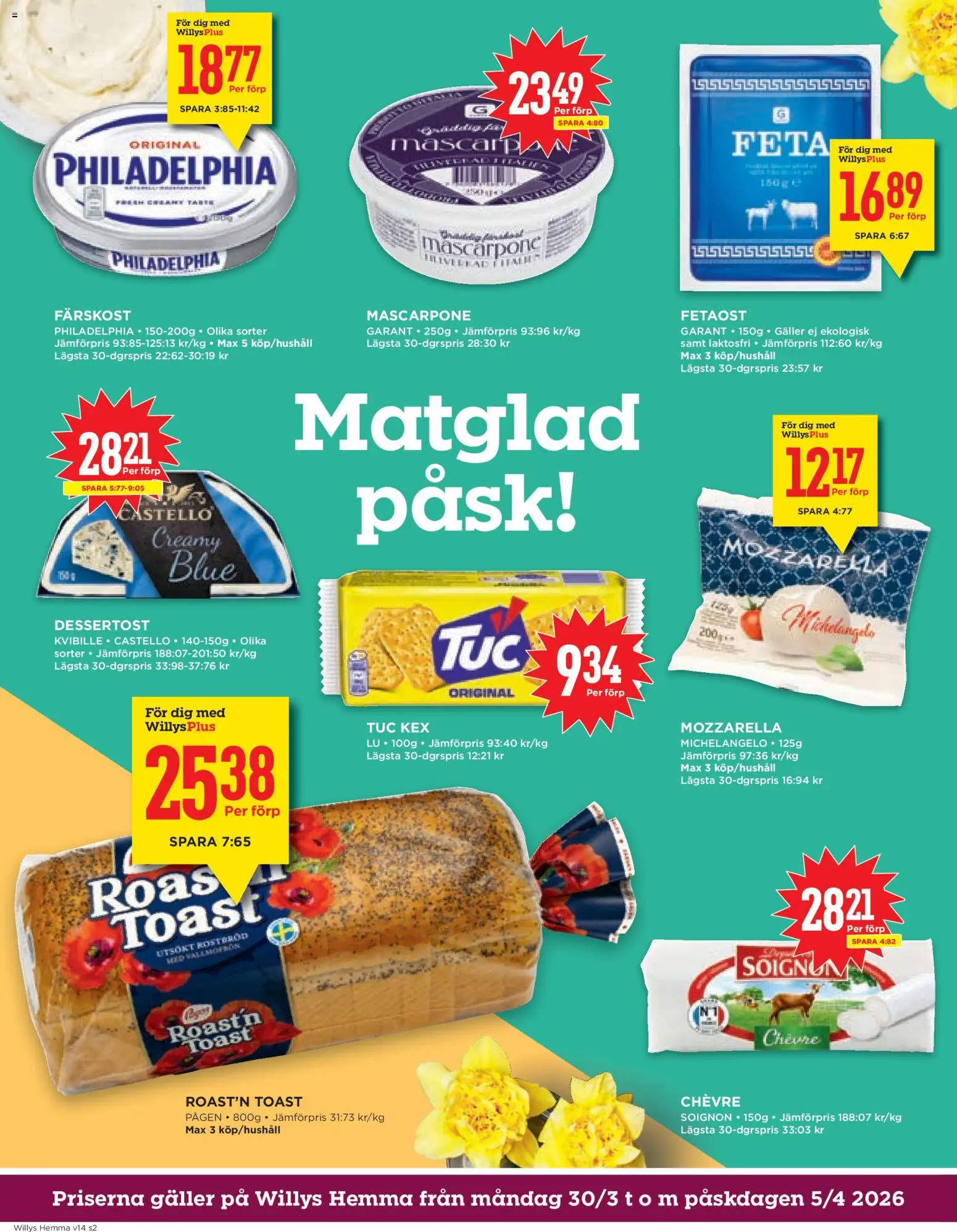 Willys reklamblad aktuell från 30.03.2026 | Sida: 2 | Produkter: Rostbröd, Galler, Fetaost