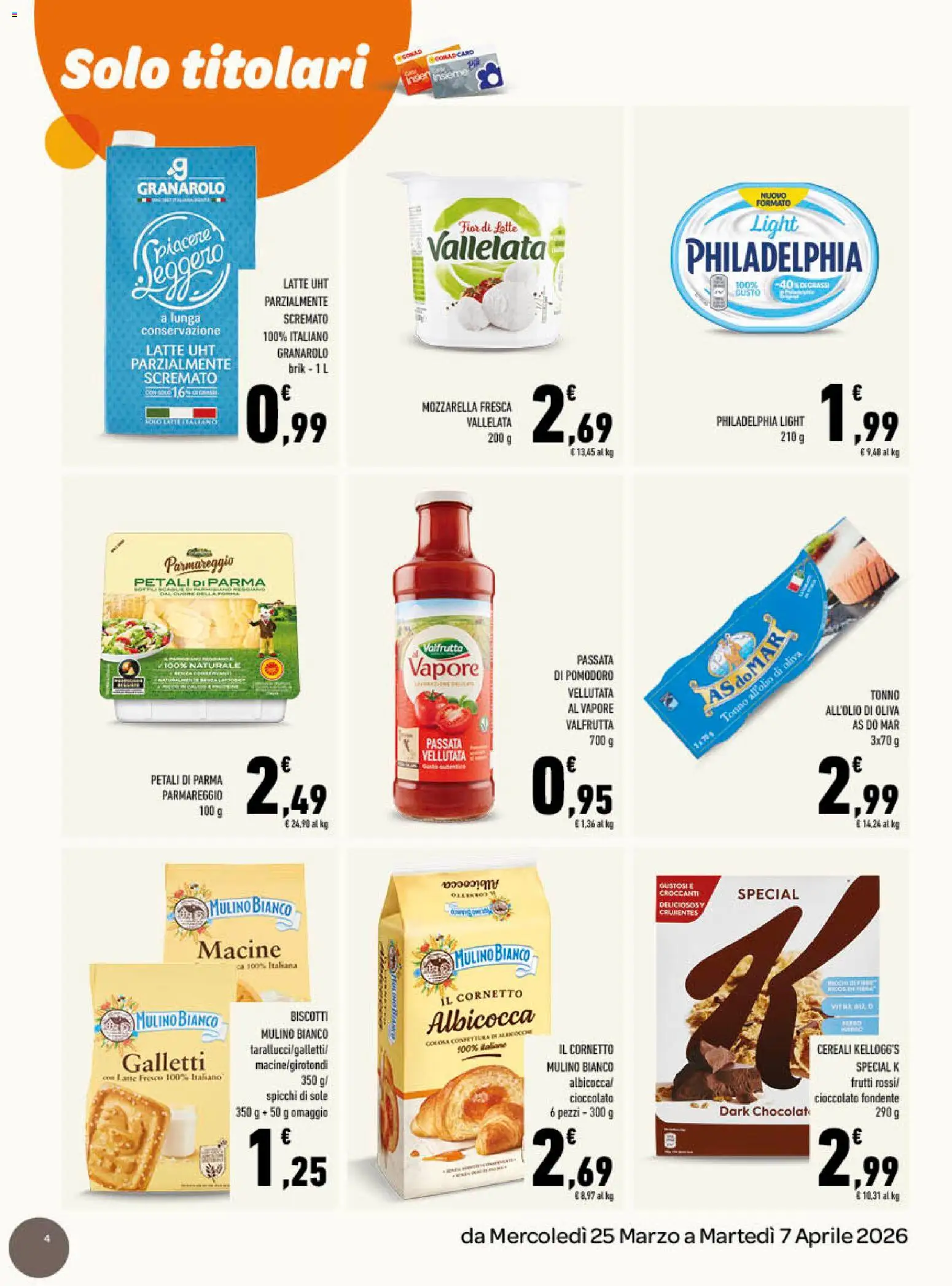 Volantino Conad del 25.03.2026 | Pagina: 4 | Prodotti: Mozzarella, Pomodoro, Passata di pomodoro, Tonno