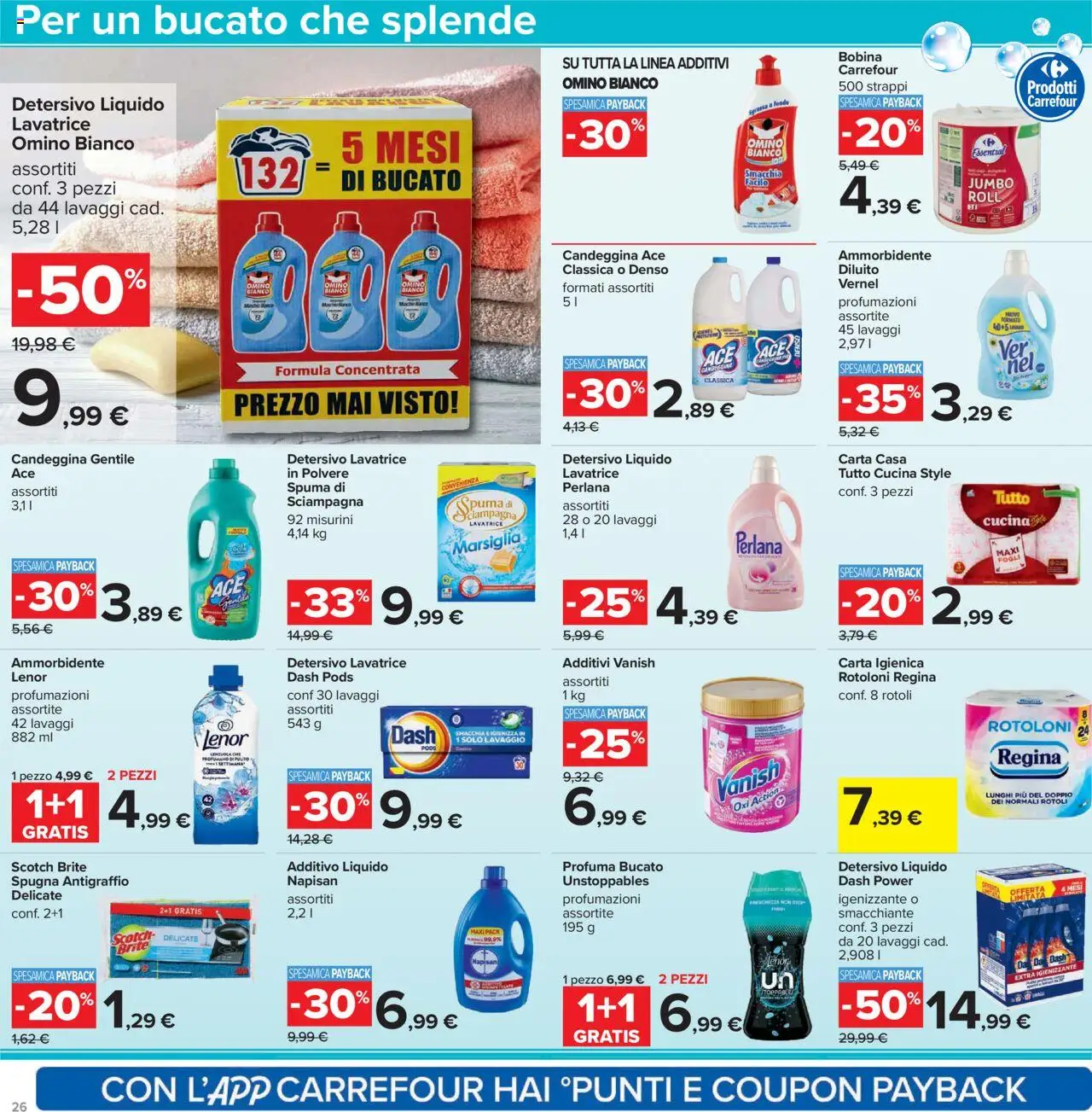 Volantino Carrefour del 23.10.2025 | Pagina: 26 | Prodotti: Spugna, Carta igienica, Candeggina, Lavatrice